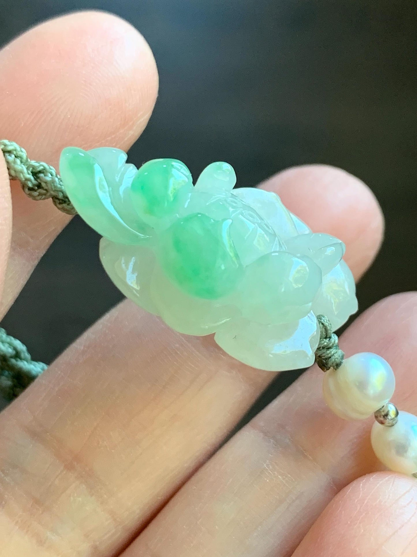 Certified Natural Burmese Icy Translucent White & Green Marbled Jadeite Lotus Flower Freshwater Pearls Rope Bracelet 6.5" 天然缅甸白冰飘绿花翡翠莲花珍珠手绳