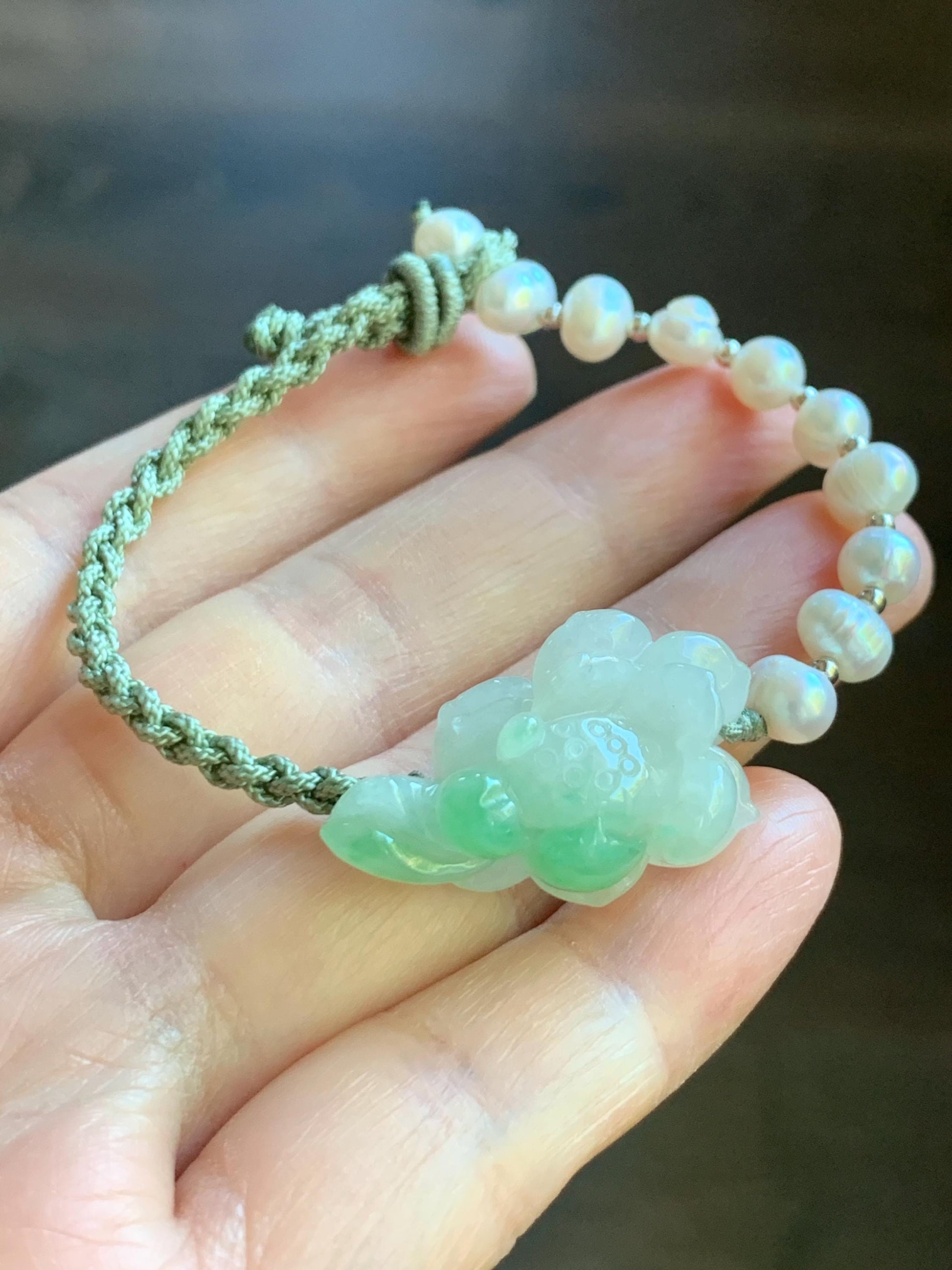 Certified Natural Burmese Icy Translucent White & Green Marbled Jadeite Lotus Flower Freshwater Pearls Rope Bracelet 6.5" 天然缅甸白冰飘绿花翡翠莲花珍珠手绳