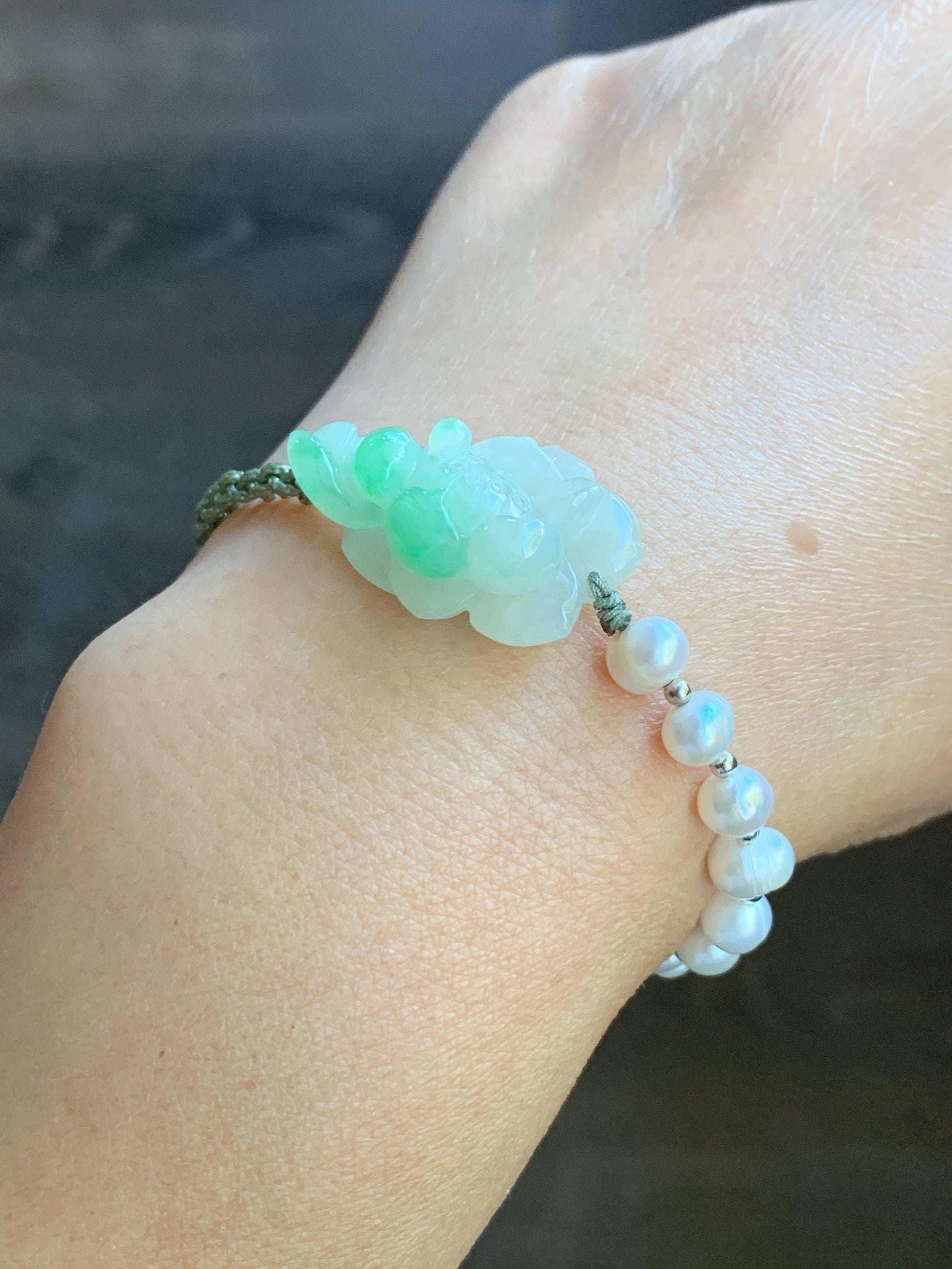 Certified Natural Burmese Icy Translucent White & Green Marbled Jadeite Lotus Flower Freshwater Pearls Rope Bracelet 6.5" 天然缅甸白冰飘绿花翡翠莲花珍珠手绳