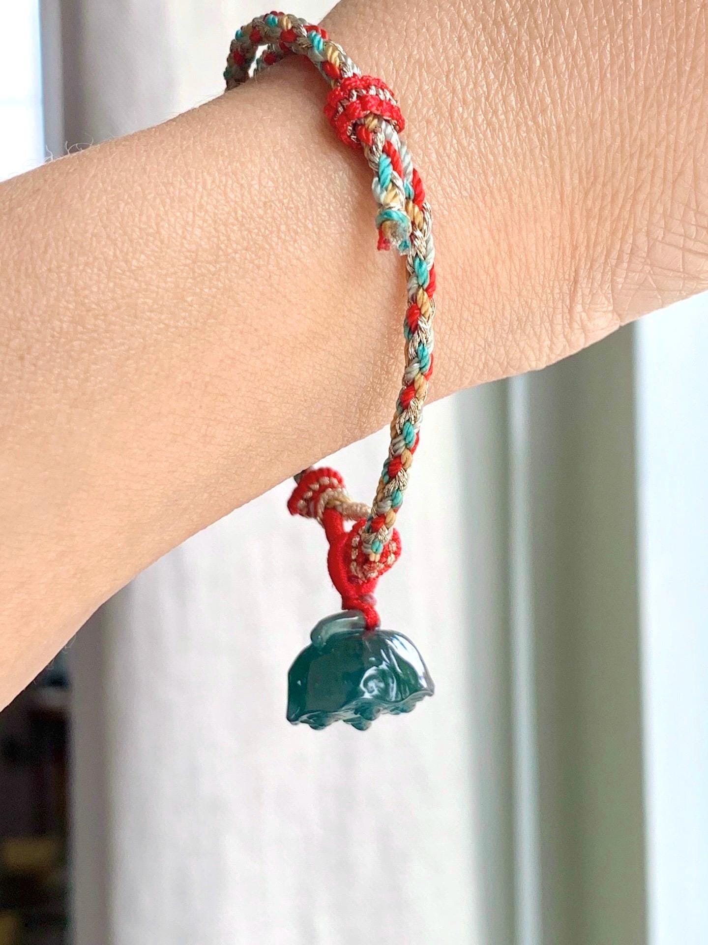 Natural Guatemalan Icy Translucent Gelatinous Intense Teal Blue Jadeite Pudgy Lotus Pod Charm Rope Bracelet Adjustable 6"-9" 天然冰危深蓝绿翡翠莲蓬手绳