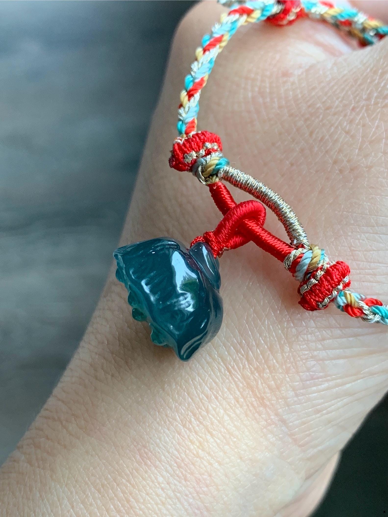 Natural Guatemalan Icy Translucent Gelatinous Intense Teal Blue Jadeite Pudgy Lotus Pod Charm Rope Bracelet Adjustable 6"-9" 天然冰危深蓝绿翡翠莲蓬手绳