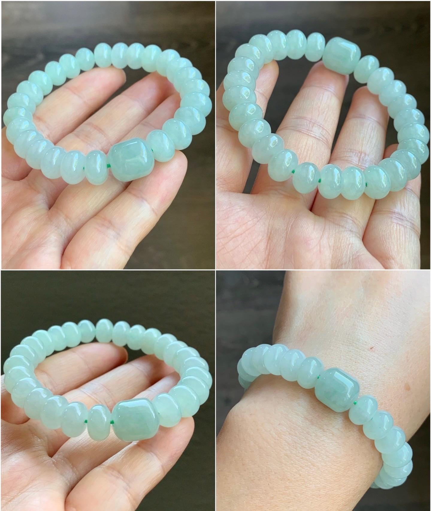 Natural Burmese Icy Translucent Gelatinous Pastel Light Green Large Drum Beads & Barrel Bead Beaded Bracelet 6.5” 32g 天然缅甸晴底翡翠鼓珠手串 DQM617