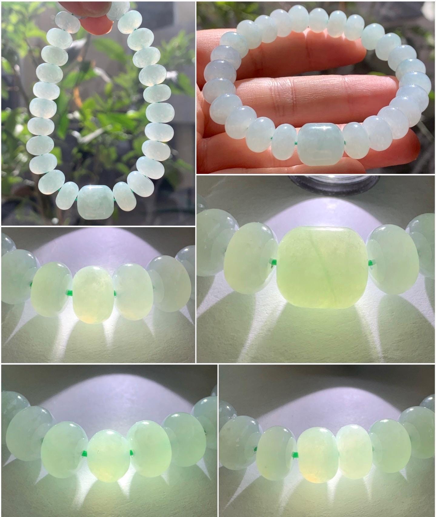 Natural Burmese Icy Translucent Gelatinous Pastel Light Green Large Drum Beads & Barrel Bead Beaded Bracelet 6.5” 32g 天然缅甸晴底翡翠鼓珠手串 DQM617