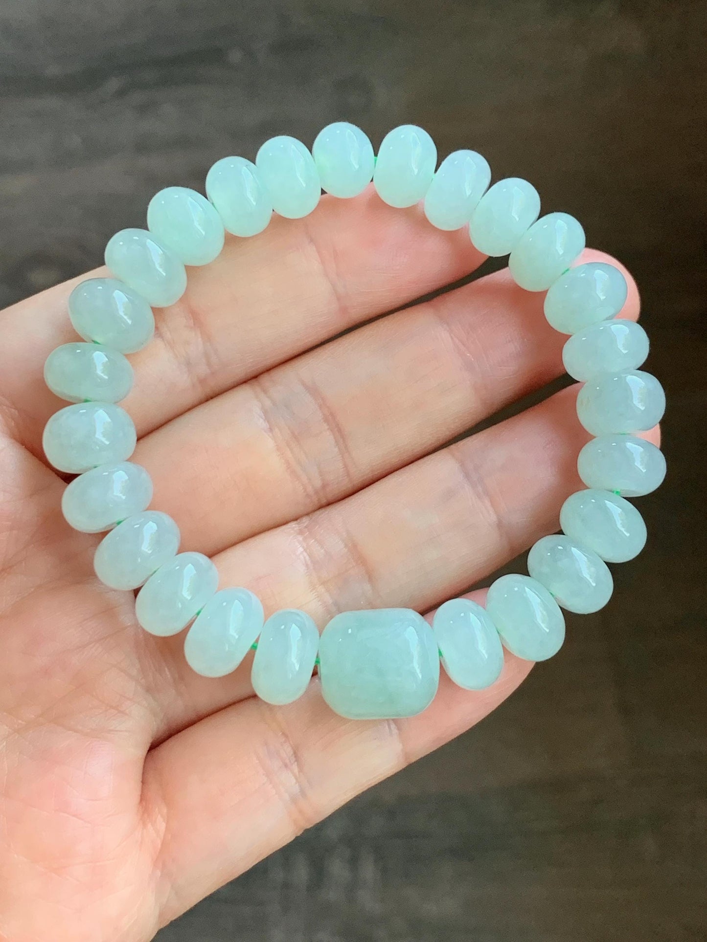 Natural Burmese Icy Translucent Gelatinous Pastel Light Green Large Drum Beads & Barrel Bead Beaded Bracelet 6.5” 32g 天然缅甸晴底翡翠鼓珠手串 DQM617