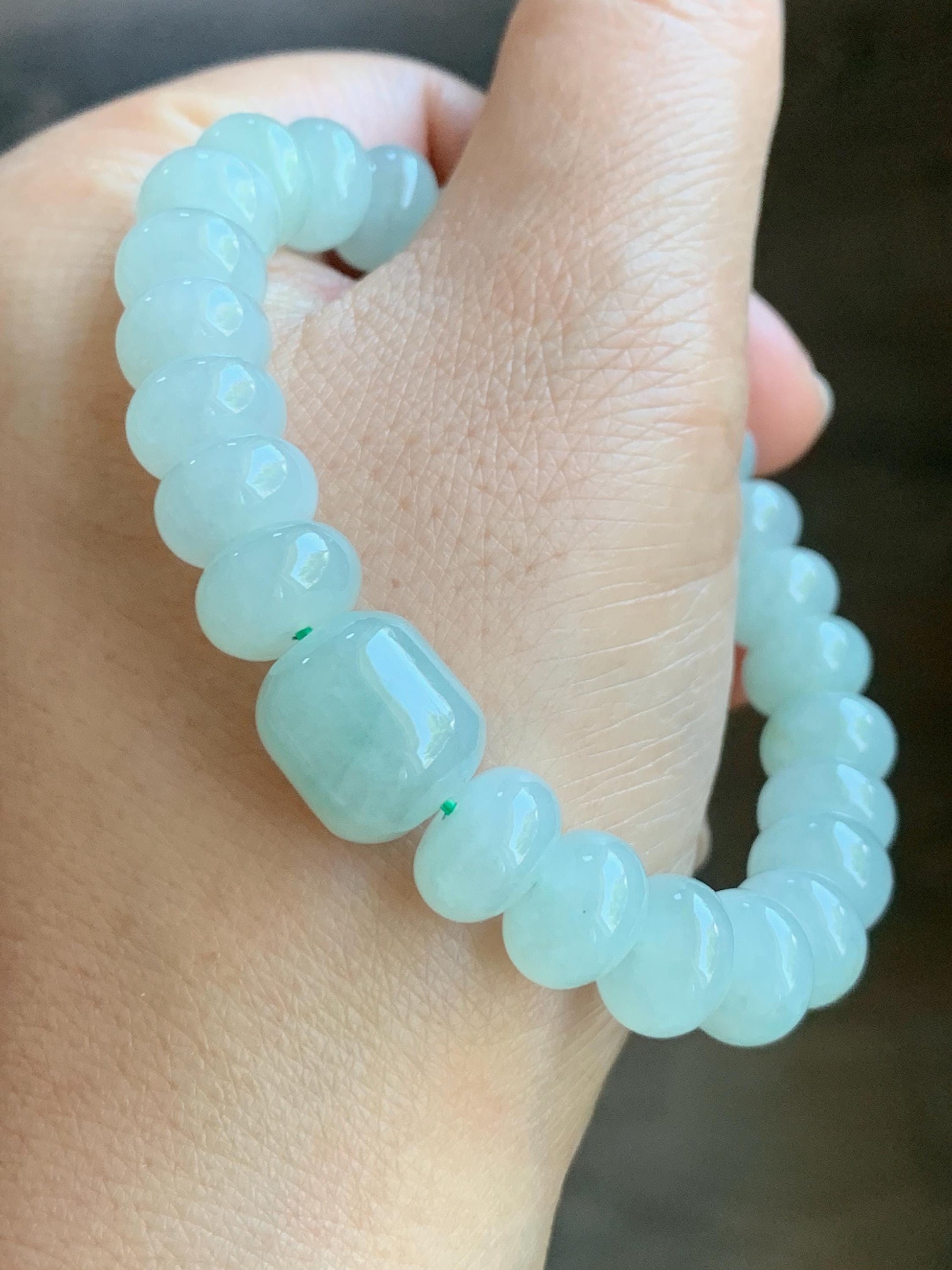 Natural Burmese Icy Translucent Gelatinous Pastel Light Green Large Drum Beads & Barrel Bead Beaded Bracelet 6.5” 32g 天然缅甸晴底翡翠鼓珠手串 DQM617