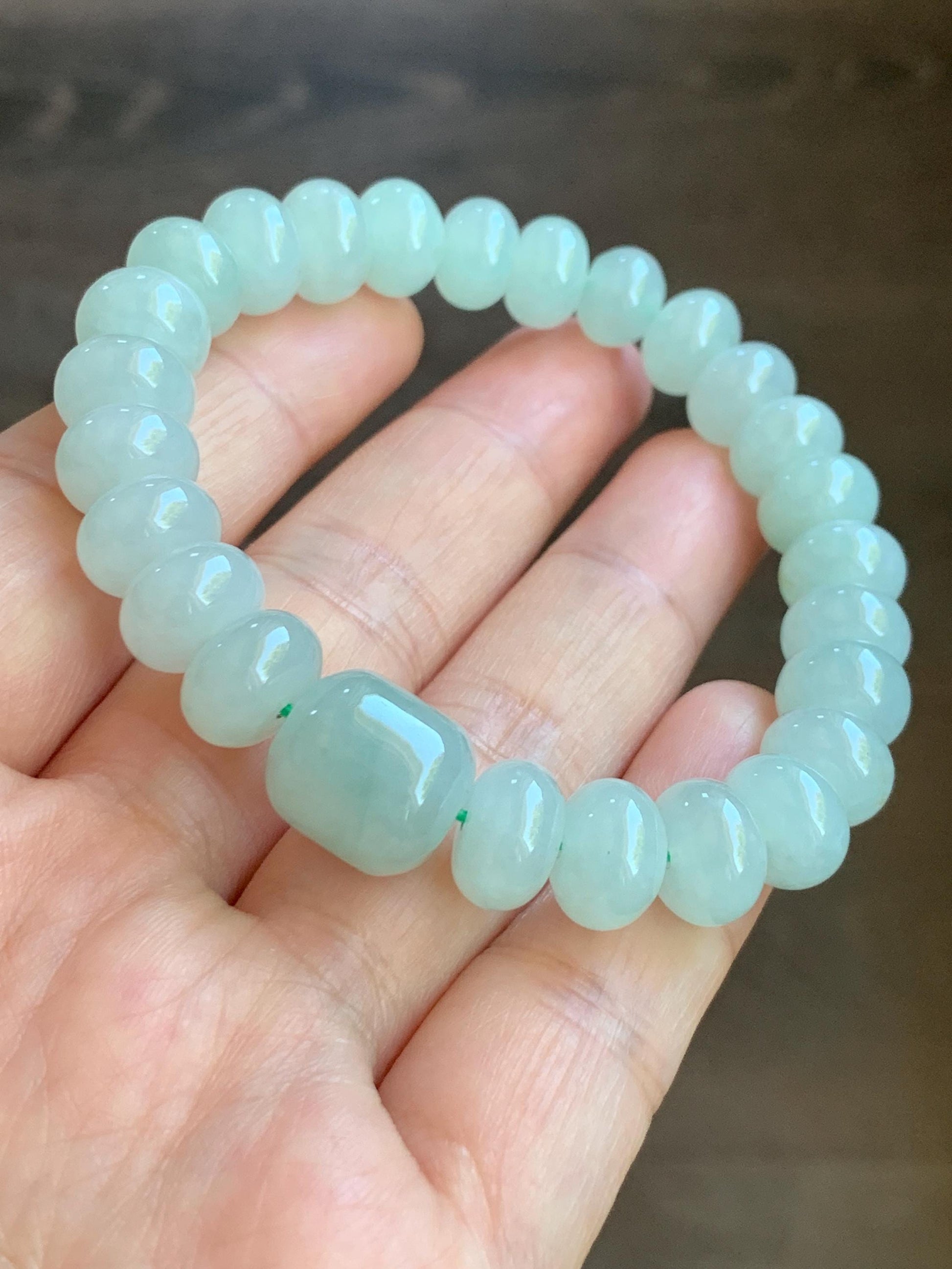 Natural Burmese Icy Translucent Gelatinous Pastel Light Green Large Drum Beads & Barrel Bead Beaded Bracelet 6.5” 32g 天然缅甸晴底翡翠鼓珠手串 DQM617