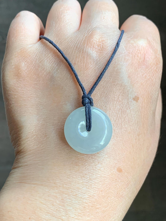 Certified Natural Burmese Icy Translucent Gelatinous Light Blue Jadeite Ping An Kou Donut Pendant Necklace Sterling Silver 天然缅甸老种冰胶淡蓝翡翠平安扣吊坠