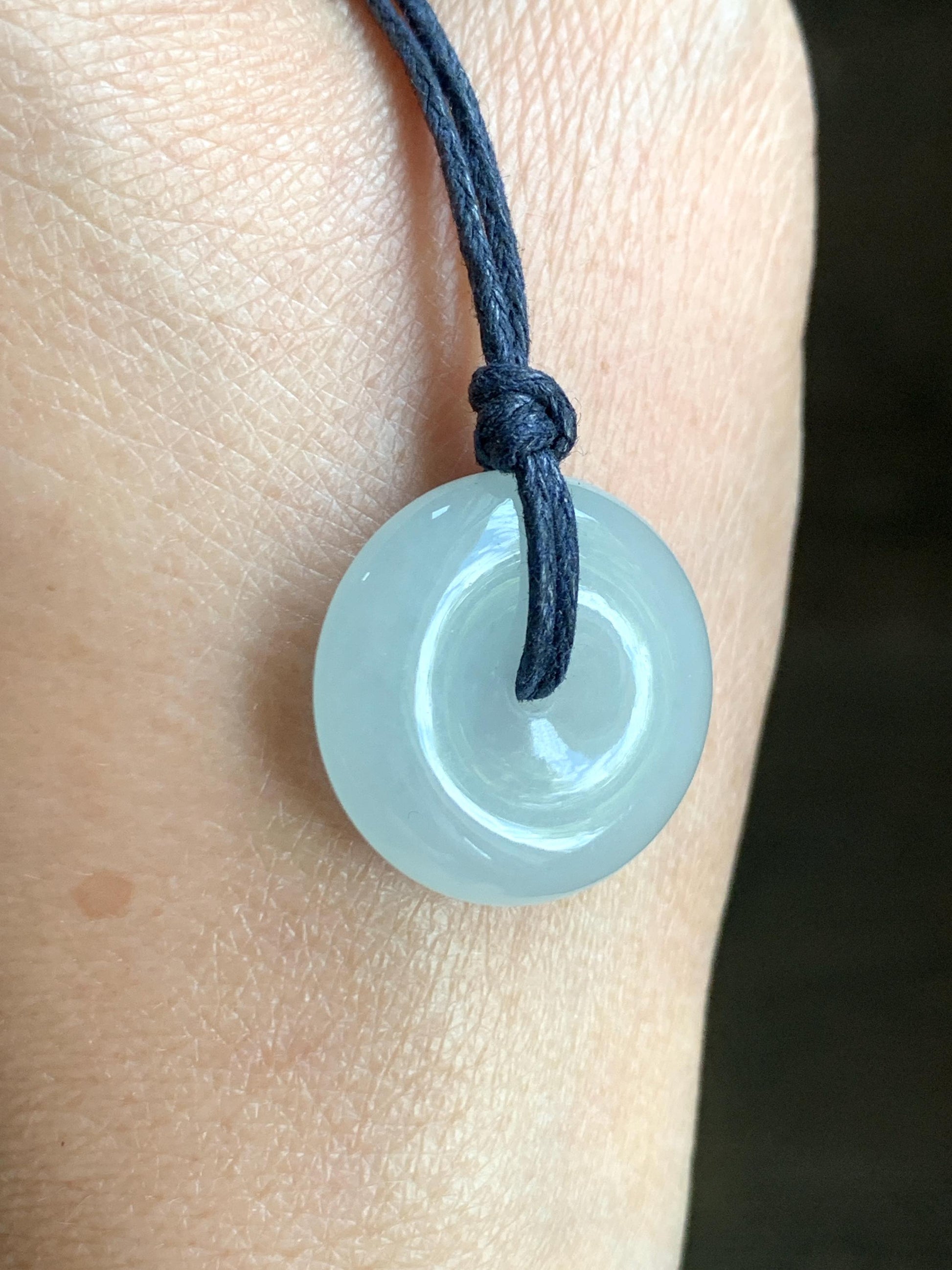 Certified Natural Burmese Icy Translucent Gelatinous Light Blue Jadeite Ping An Kou Donut Pendant Necklace Sterling Silver 天然缅甸老种冰胶淡蓝翡翠平安扣吊坠