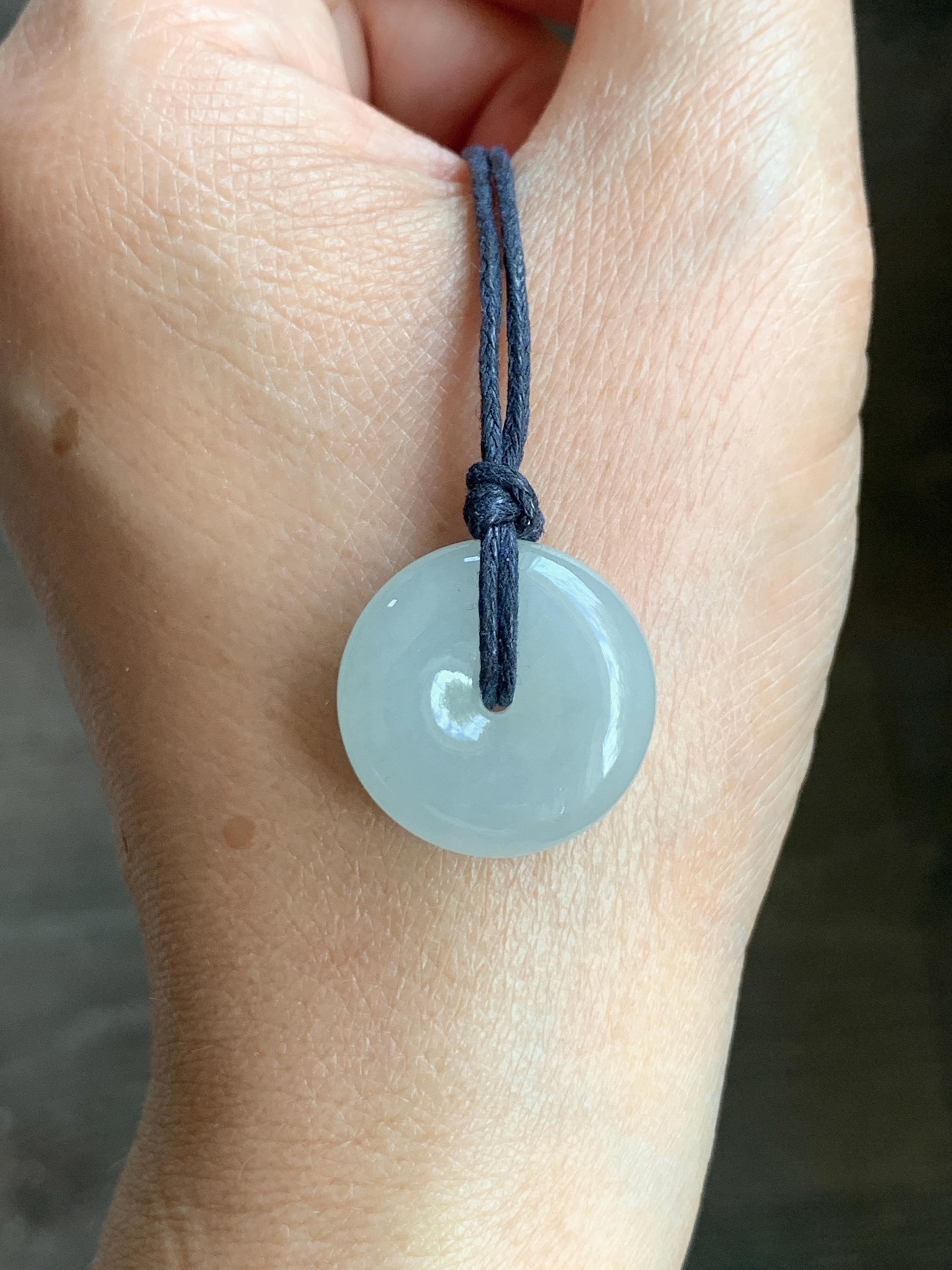 Certified Natural Burmese Icy Translucent Gelatinous Light Blue Jadeite Ping An Kou Donut Pendant Necklace Sterling Silver 天然缅甸老种冰胶淡蓝翡翠平安扣吊坠