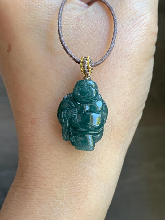 Natural Guatemalan Icy Translucent Gelatinous Dark Teal Blue Jadeite Carefree Buddha & Ruyi Pendant Rope Necklace 24” 天然冰胶危蓝水翡翠逍遥佛公吊坠