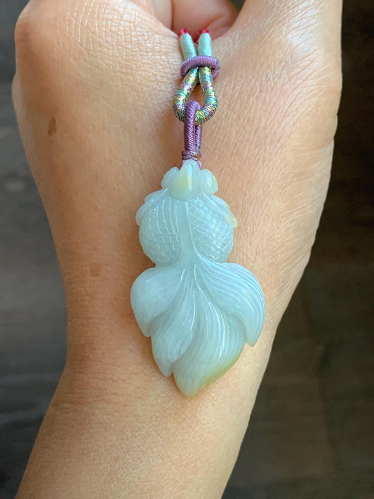 Natural Burmese Icy Translucent Light Green Jadeite w/ Yellow Marbling Carved Goldfish Pendant Rope Necklace 天然缅甸淡晴翡翠飘黄翡金鱼吊坠