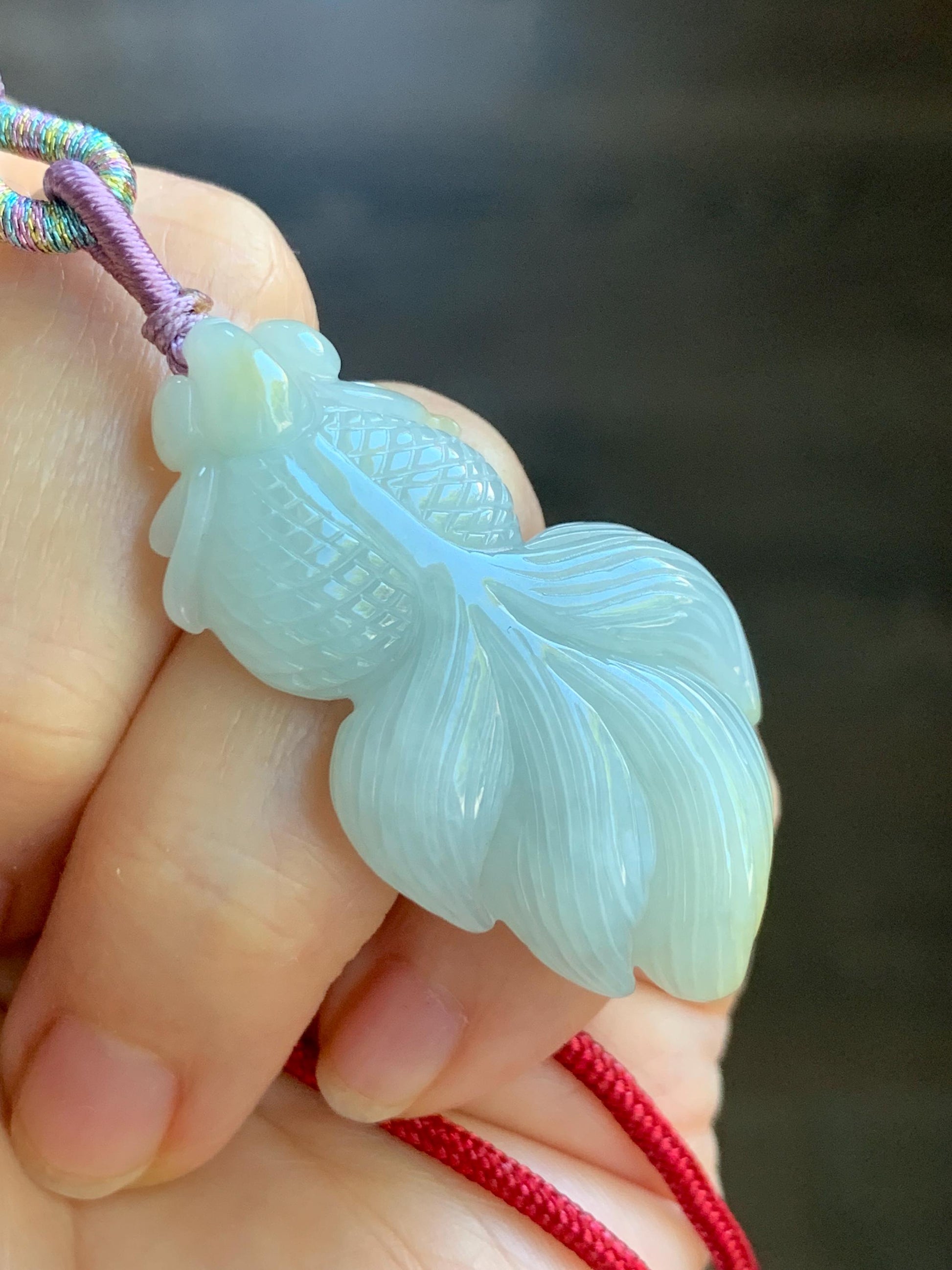 Natural Burmese Icy Translucent Light Green Jadeite w/ Yellow Marbling Carved Goldfish Pendant Rope Necklace 天然缅甸淡晴翡翠飘黄翡金鱼吊坠