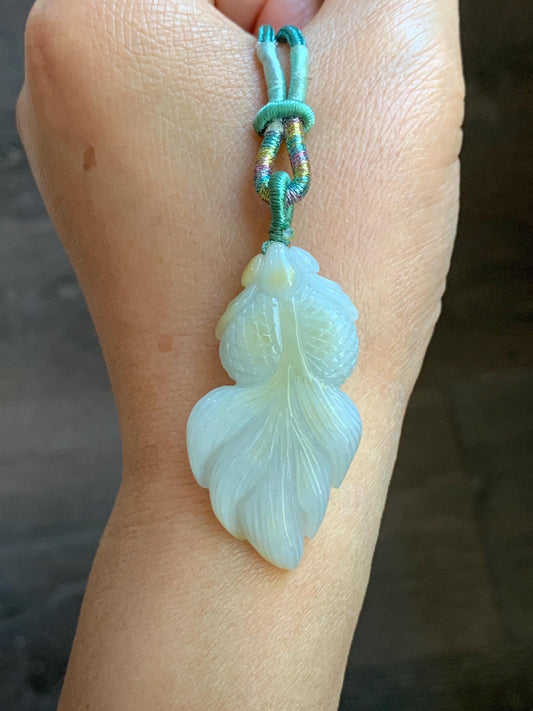 Natural Burmese Icy Translucent Light Green Jadeite w/ Yellow Marbling Carved Goldfish Pendant Rope Necklace 天然缅甸淡晴翡翠飘黄翡金鱼吊坠