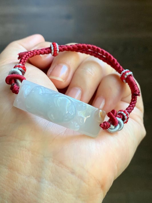 Natural Burmese Icy Translucent Gelatinous White Jadeite w/ Golden Yellow Marbling Kitty Cat Cuff Rope Bracelet adjustable 12g 天然缅甸冰撒金翡翠猫咪手绳