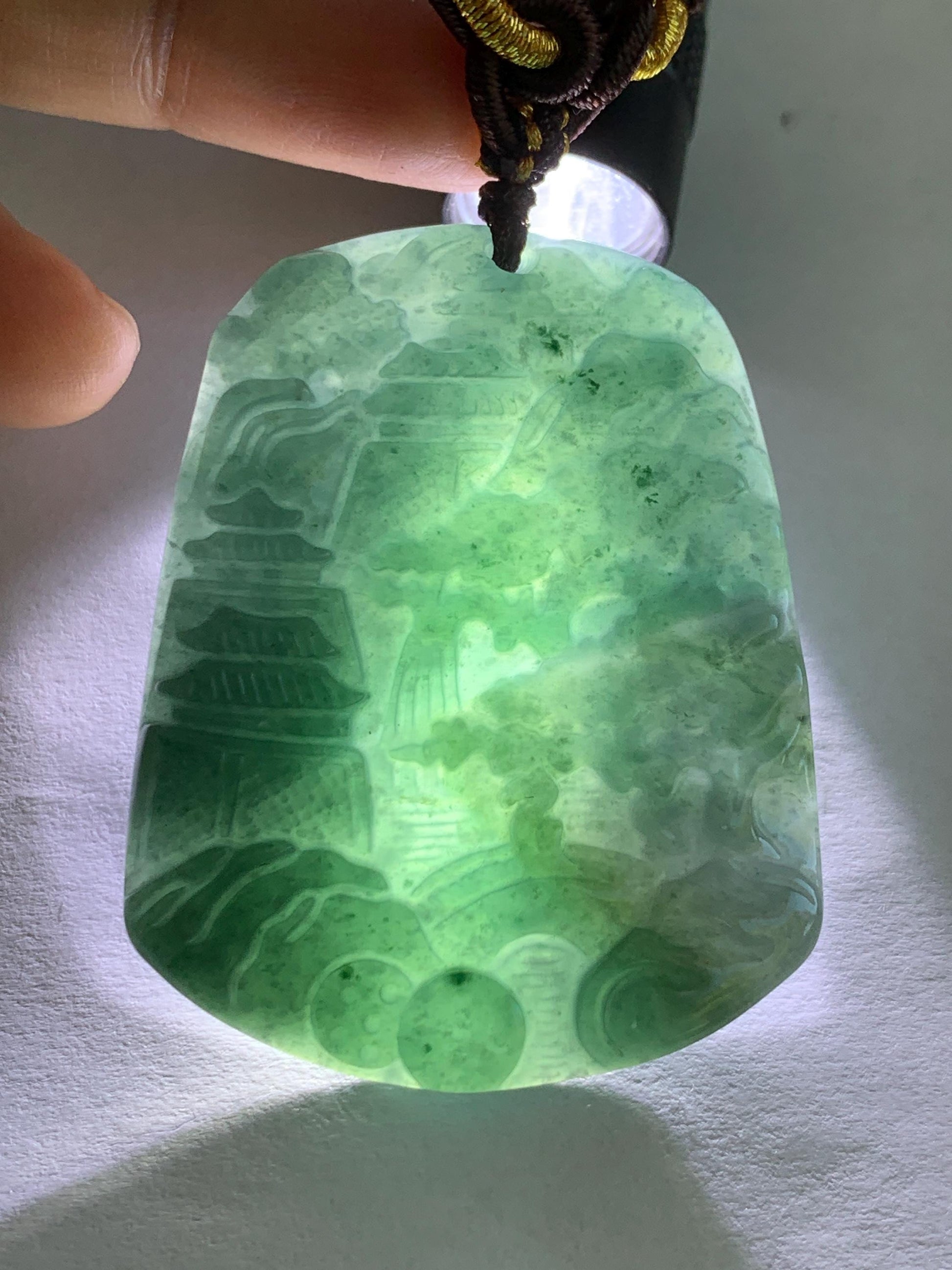 Natural Guatemalan Icy Translucent Dark Teal Blue Jadeite Carved Shan Shui Landscape Pendant Rope Necklace 26” 23g Adjustable 天然冰危深蓝翡翠山水牌吊坠