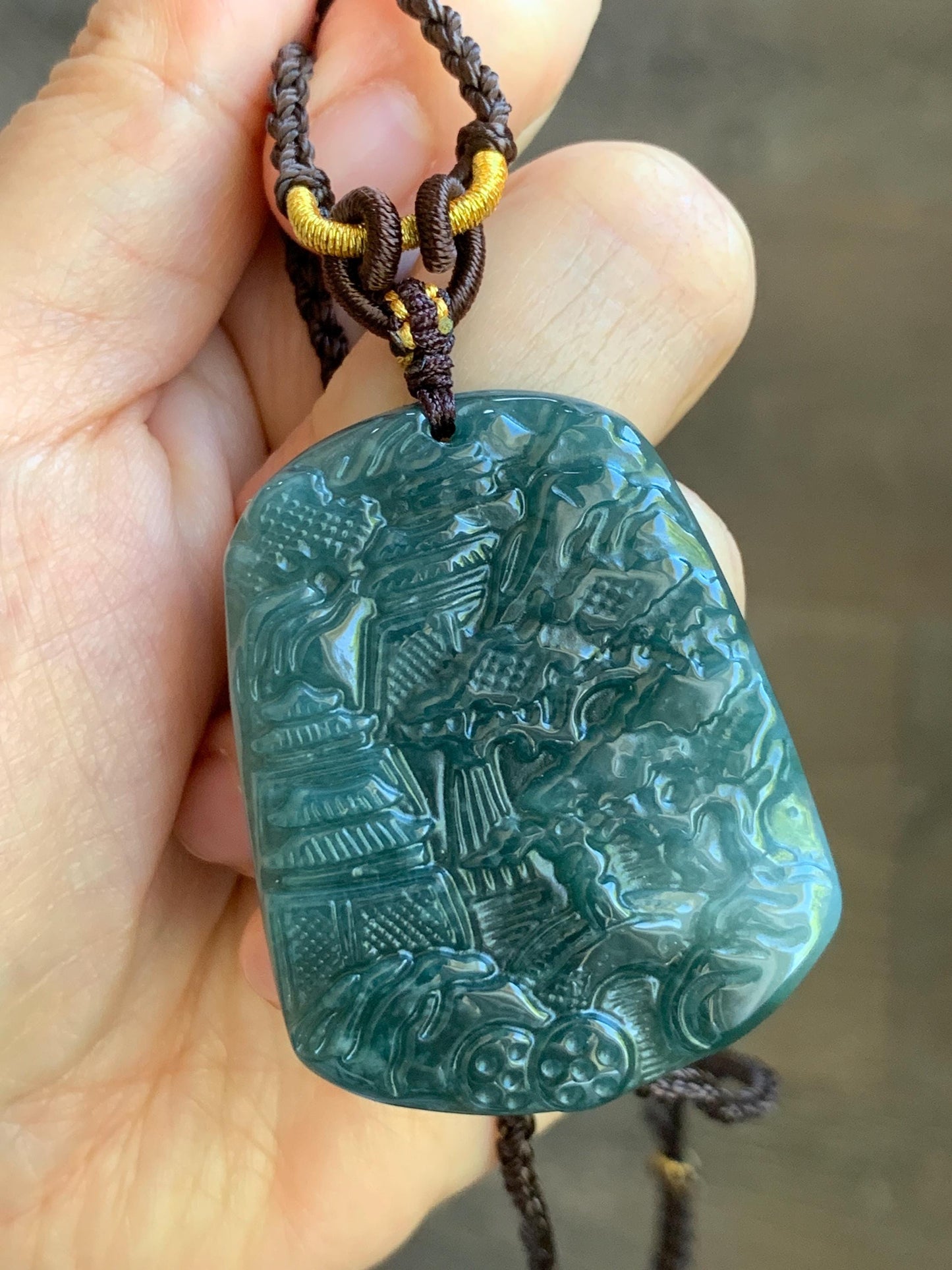 Natural Guatemalan Icy Translucent Dark Teal Blue Jadeite Carved Shan Shui Landscape Pendant Rope Necklace 26” 23g Adjustable 天然冰危深蓝翡翠山水牌吊坠