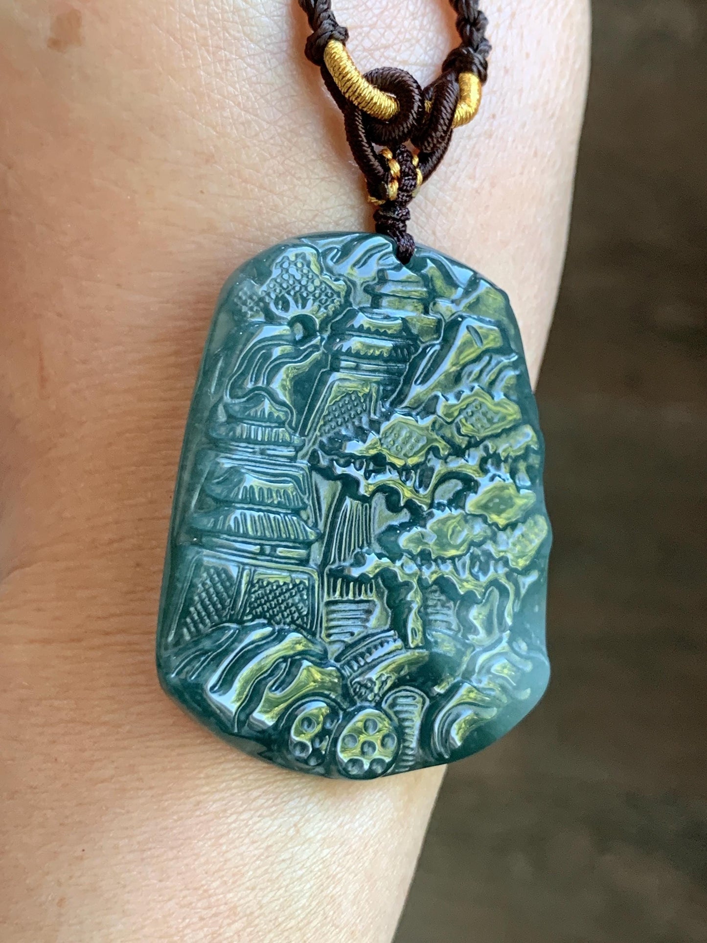 Natural Guatemalan Icy Translucent Dark Teal Blue Jadeite Carved Shan Shui Landscape Pendant Rope Necklace 26” 23g Adjustable 天然冰危深蓝翡翠山水牌吊坠