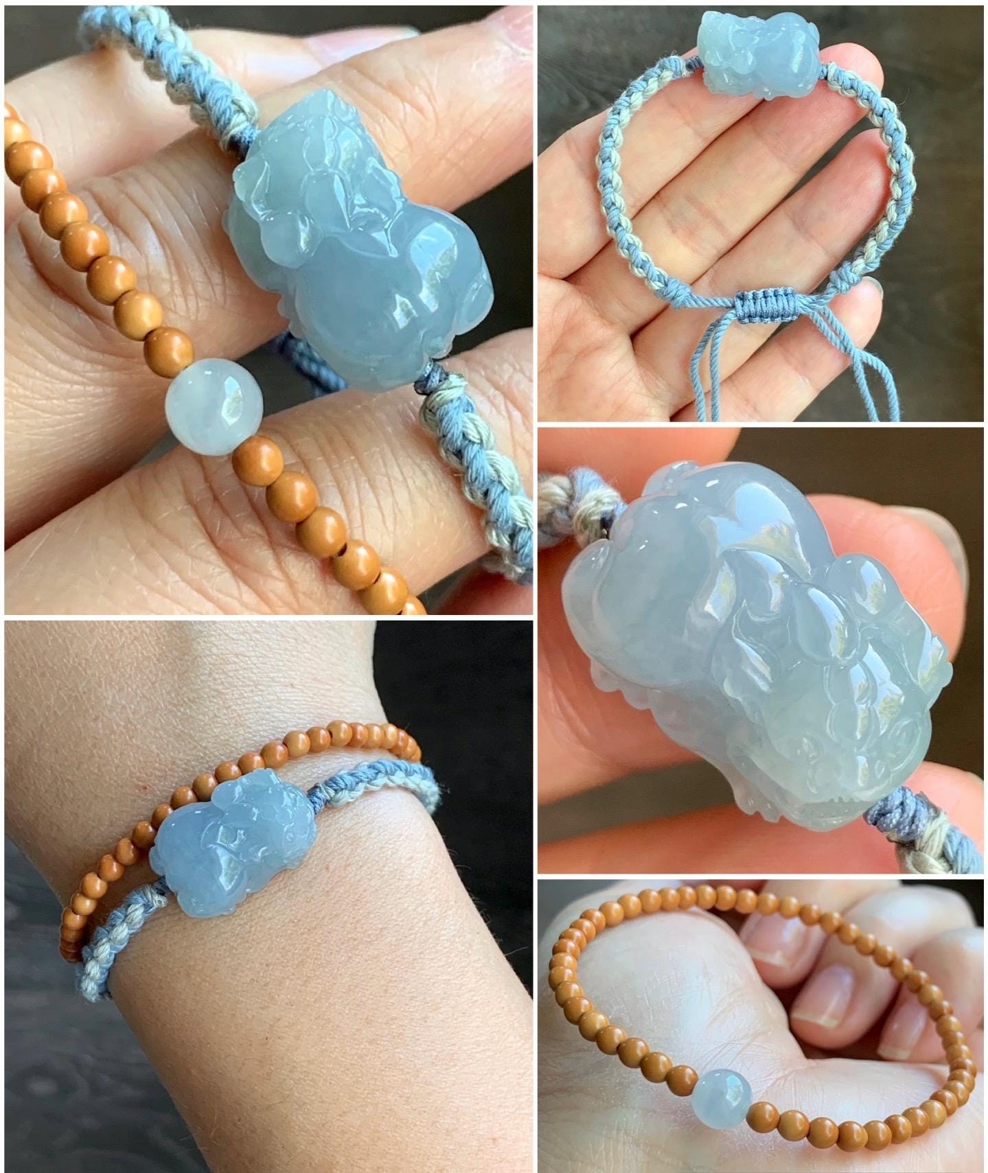 Certified Natural Guatemalan Icy Translucent Gelatinous Light Blue Jadeite Pixiu Rope Bracelet & Olive Pit Beads Bracelet 天然冰胶危淡蓝紫翡翠貔貅手绳橄榄核珠