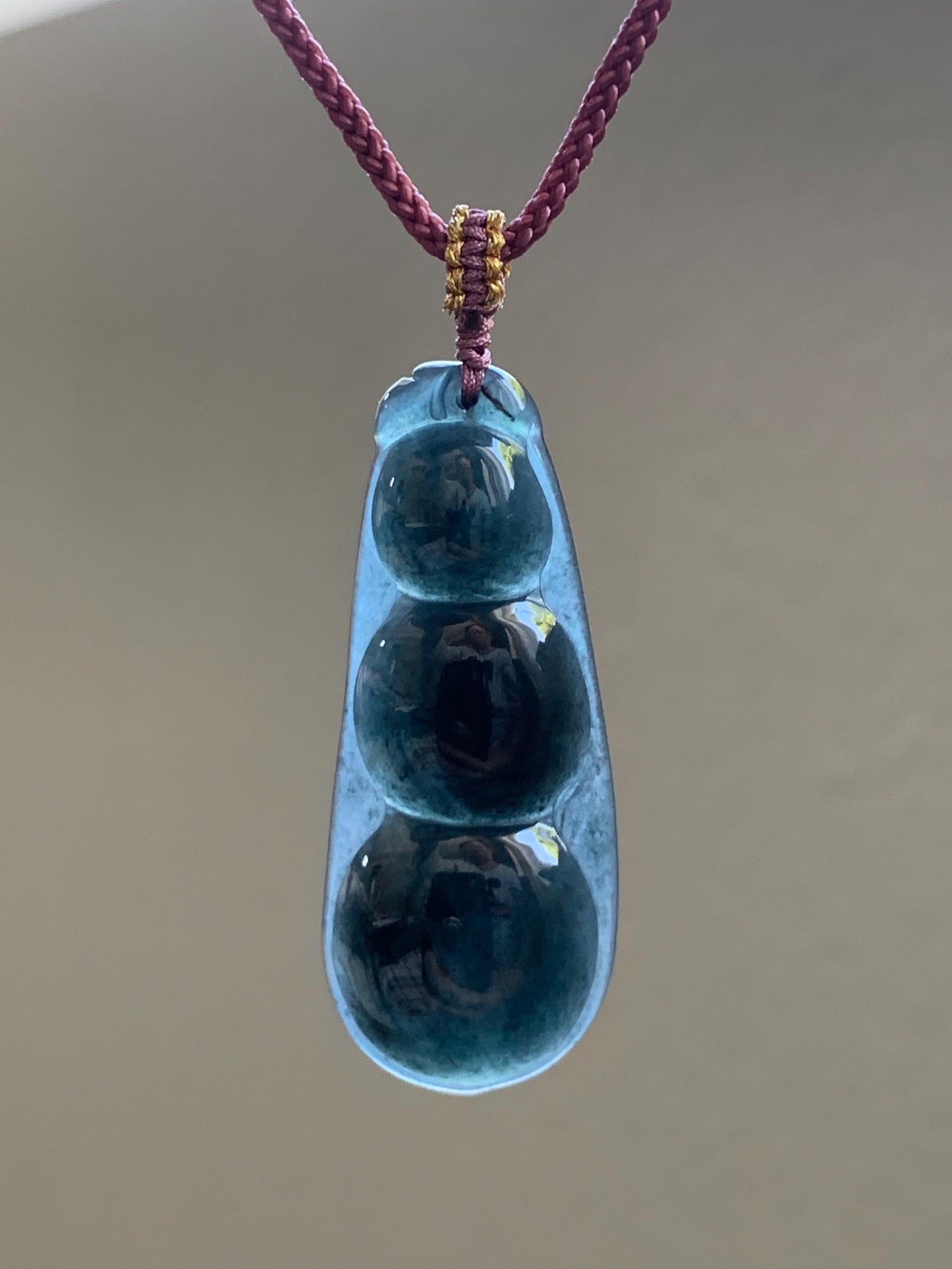 Natural Guatemalan Icy Translucent Dark Wuji Jadeite Large Peapod Pendant Rope Necklace 26” Adjustable 8g 天然冰危乌鸡翡翠福豆吊坠