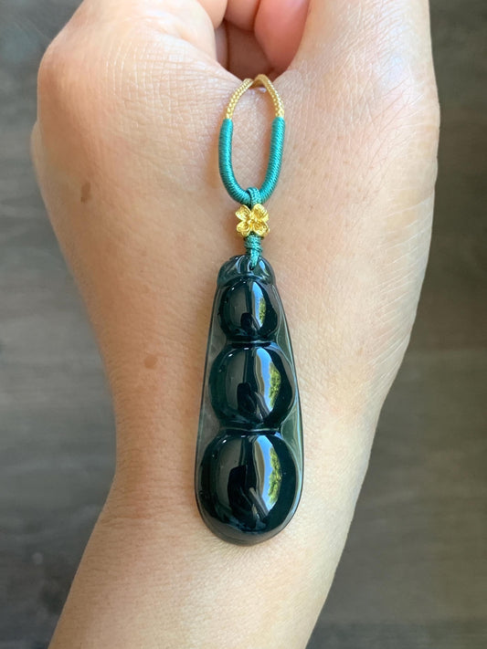 Natural Guatemalan Icy Translucent Dark Teal Blue Jadeite Large Peapod Pendant Rope Necklace 26” Adjustable 8g 天然冰危深蓝翡翠福豆吊坠