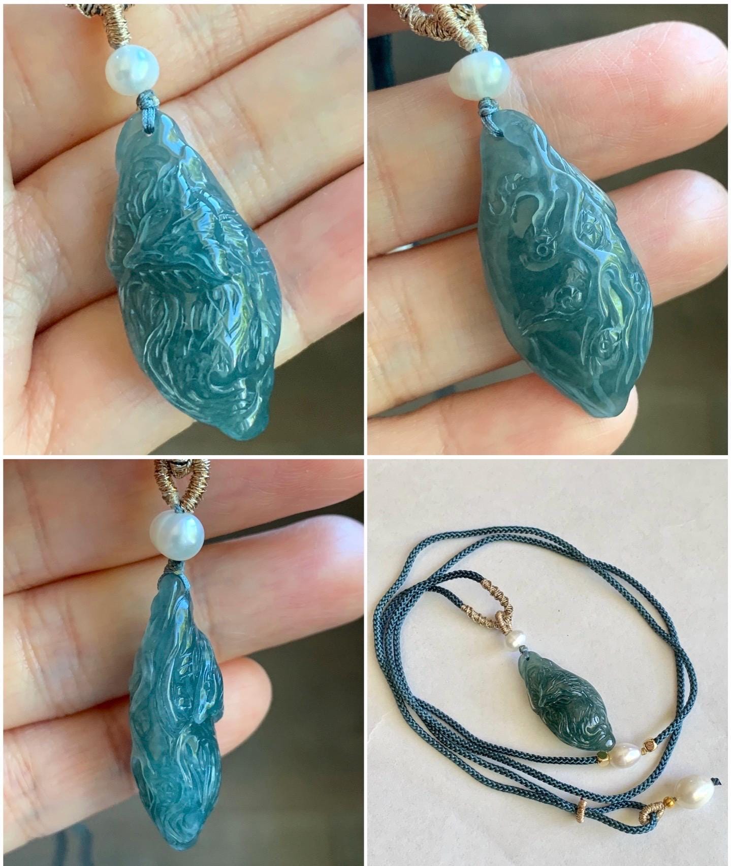 Natural Guatemalan Icy Translucent Teal Blue Jadeite Sleeping Fox Cherry Blossom Pendant Double Sided Rope Necklace 天然冰危蓝翡翠睡狐梅花枝双面雕吊坠 B