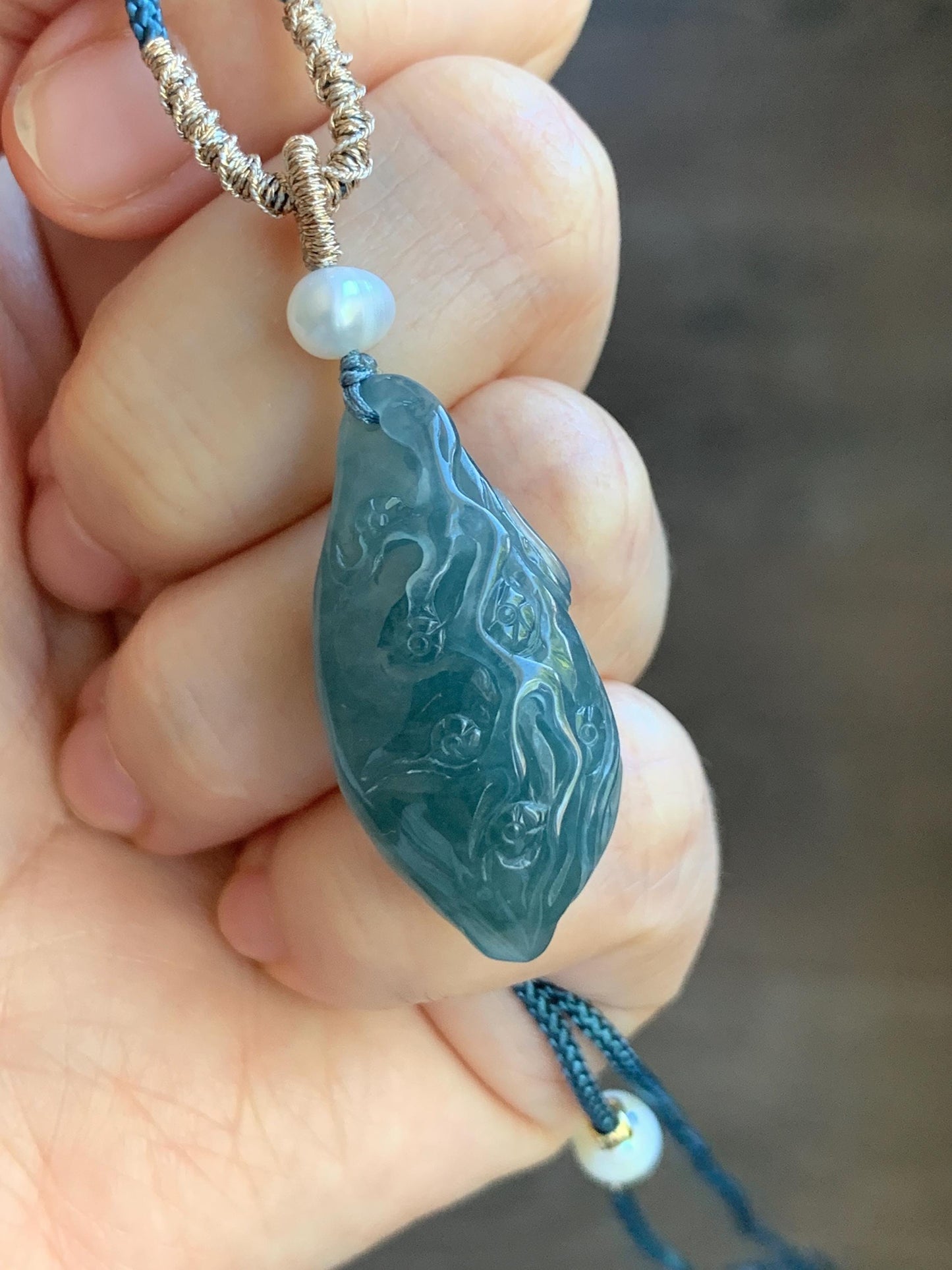 Natural Guatemalan Icy Translucent Teal Blue Jadeite Sleeping Fox Cherry Blossom Pendant Double Sided Rope Necklace 天然冰危蓝翡翠睡狐梅花枝双面雕吊坠 B