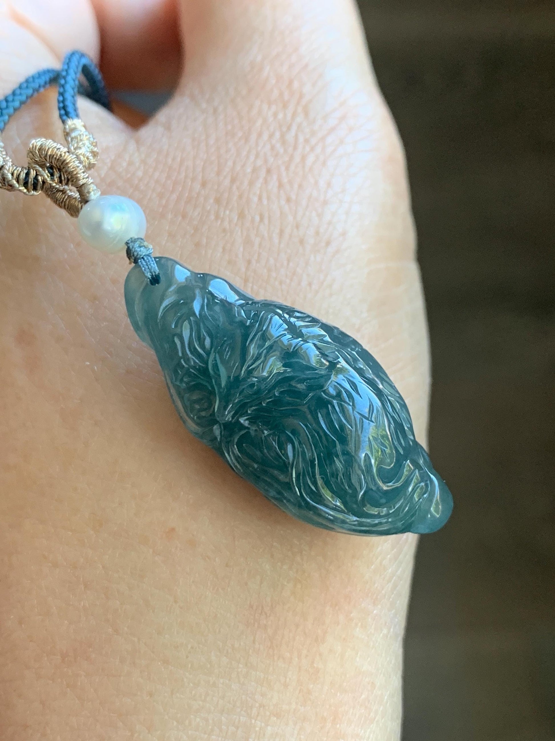 Natural Guatemalan Icy Translucent Teal Blue Jadeite Sleeping Fox Cherry Blossom Pendant Double Sided Rope Necklace 天然冰危蓝翡翠睡狐梅花枝双面雕吊坠 B