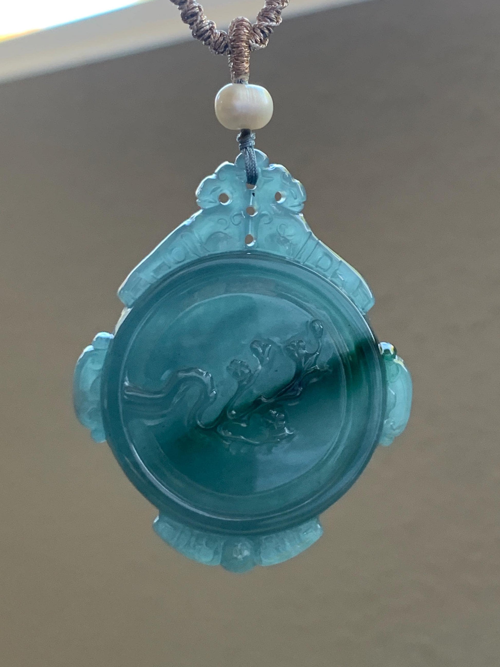 Natural Guatemalan Icy Translucent Dark Teal Blue Jadeite Cherry Blossom & Bamboo Double Sided Pendant Rope Necklace 19g 天然冰危蓝飘绿花翡翠梅花竹节双面雕吊坠