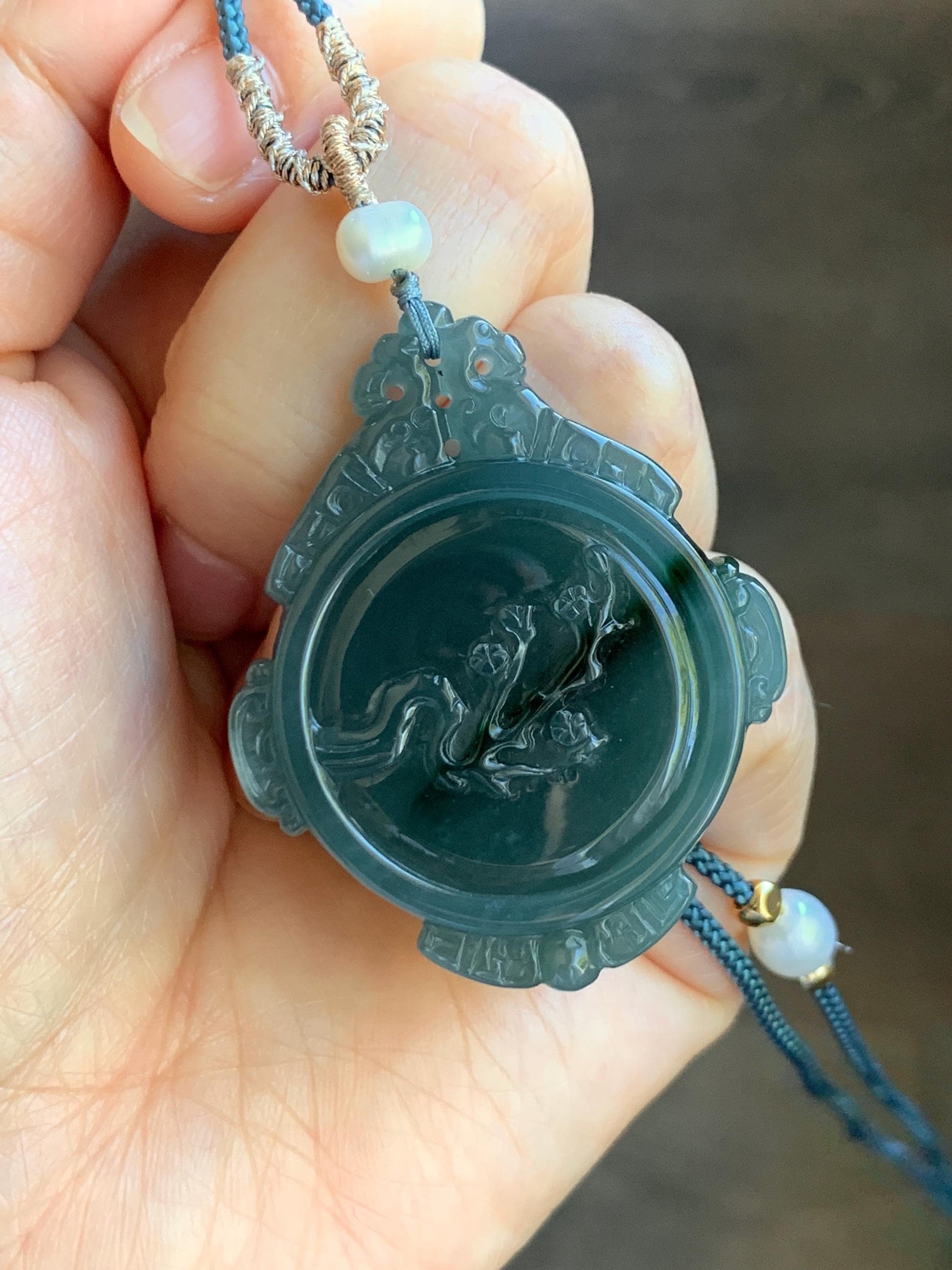 Natural Guatemalan Icy Translucent Dark Teal Blue Jadeite Cherry Blossom & Bamboo Double Sided Pendant Rope Necklace 19g 天然冰危蓝飘绿花翡翠梅花竹节双面雕吊坠