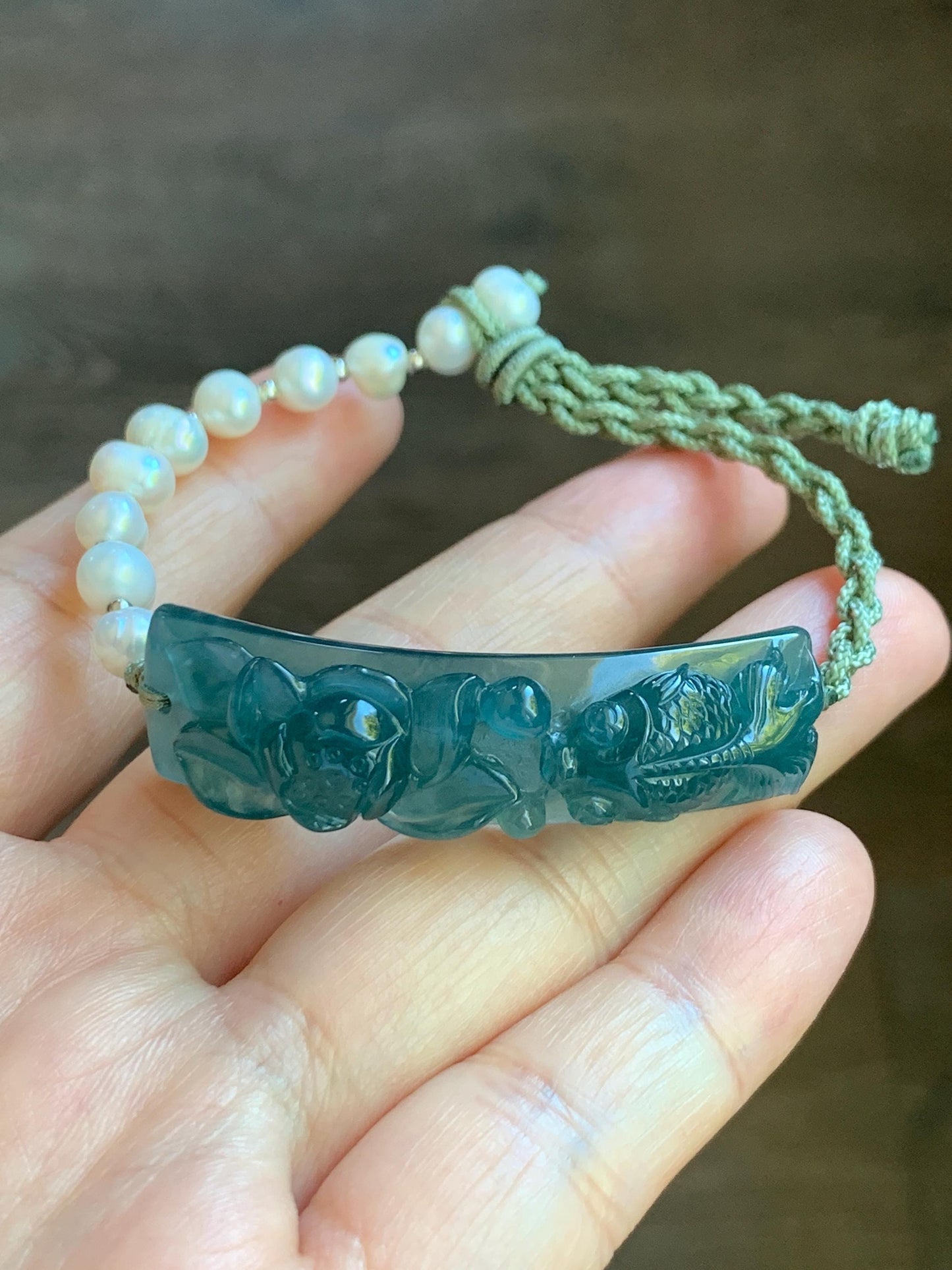 Natural Guatemalan Icy Highly Translucent Indigo Blue Jadeite Lotus Flower & Goldfish Freshwater Pearls Rope Bracelet 12g 天然冰危蓝翡翠莲花鱼手牌珍珠手绳