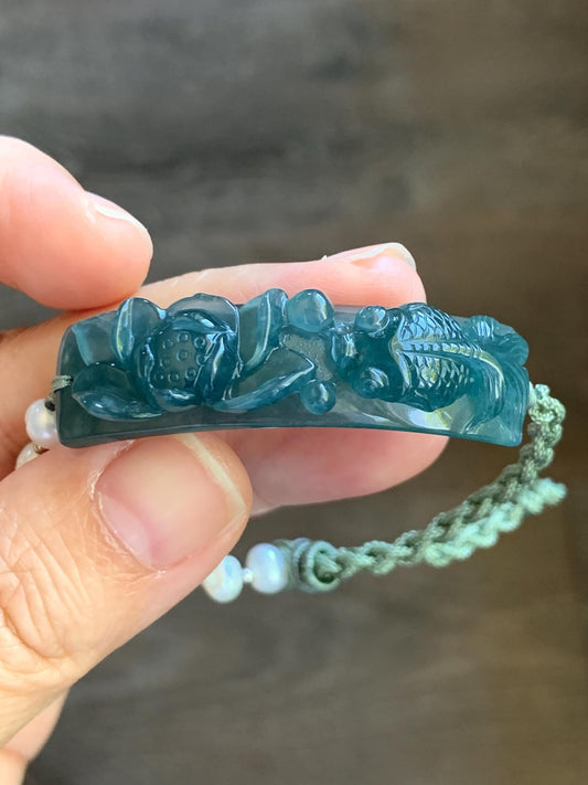 Natural Guatemalan Icy Highly Translucent Indigo Blue Jadeite Lotus Flower & Goldfish Freshwater Pearls Rope Bracelet 12g 天然冰危蓝翡翠莲花鱼手牌珍珠手绳