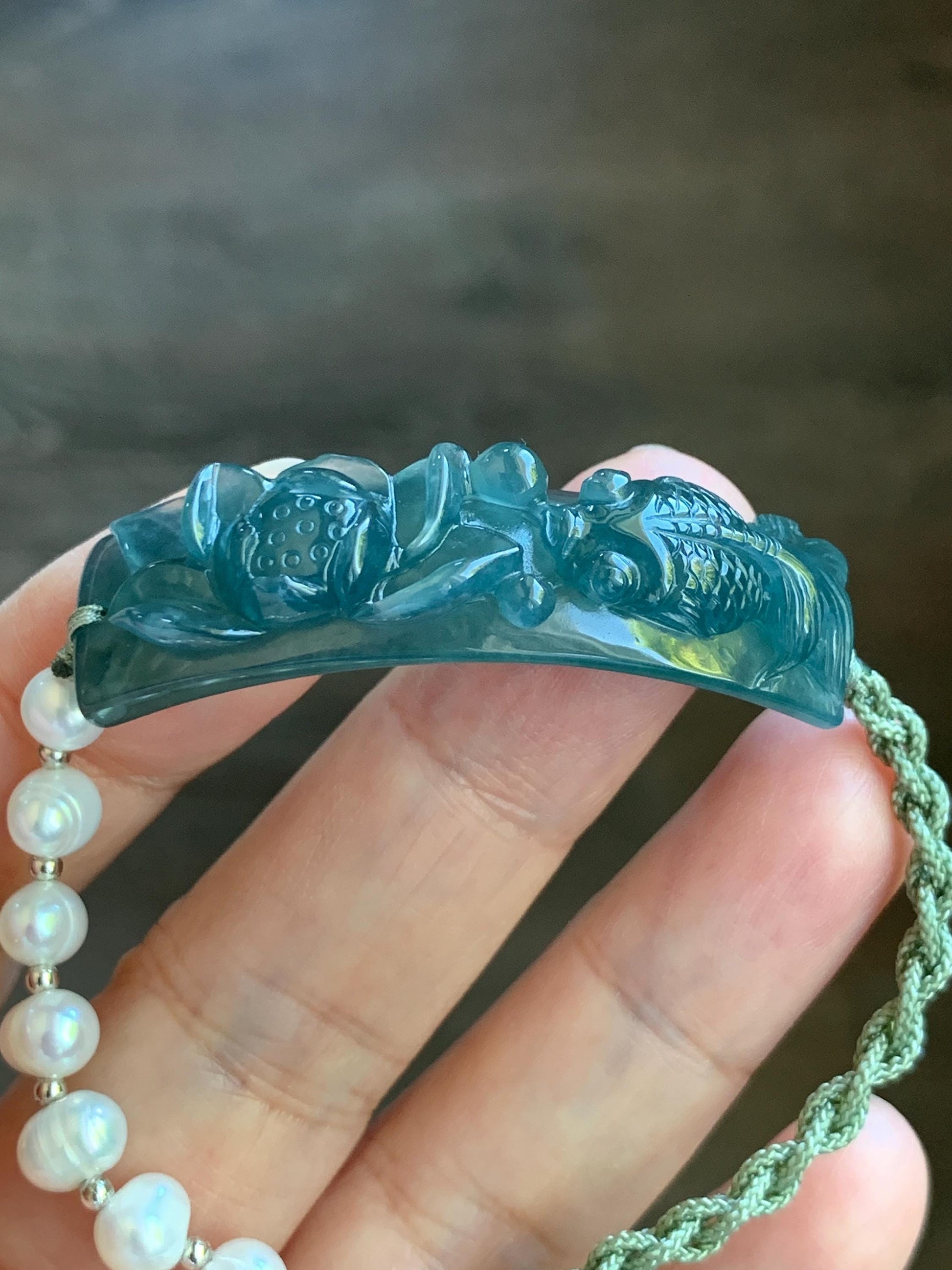 Natural Guatemalan Icy Highly Translucent Indigo Blue Jadeite Lotus Flower & Goldfish Freshwater Pearls Rope Bracelet 12g 天然冰危蓝翡翠莲花鱼手牌珍珠手绳