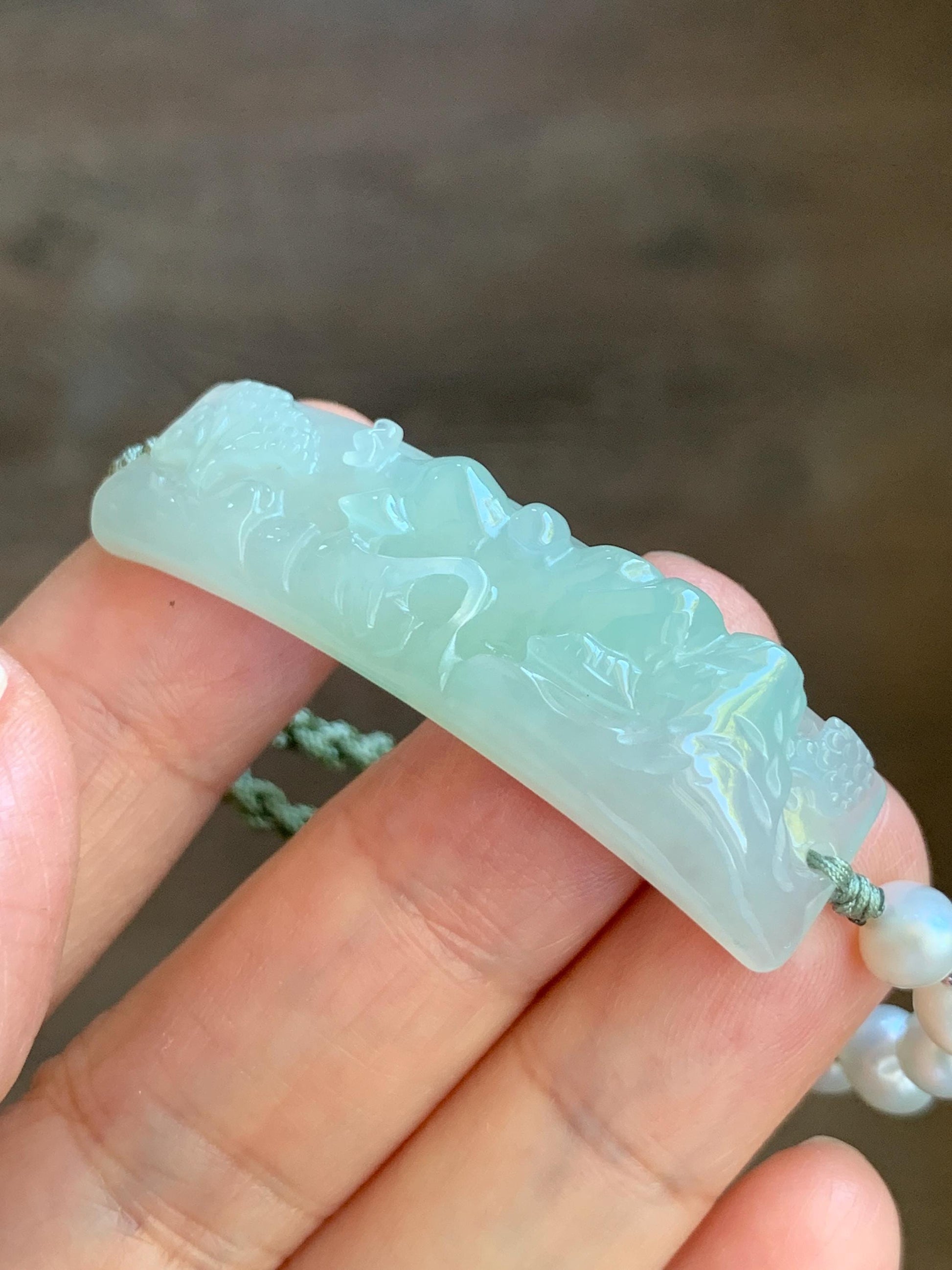 Natural Burmese Icy Translucent Light Green Jadeite Carved Shan Shui Landscape Cuff Freshwater Pearls Rope Bracelet 12g 天然缅甸糯冰晴色翡翠山水牌珍珠手绳