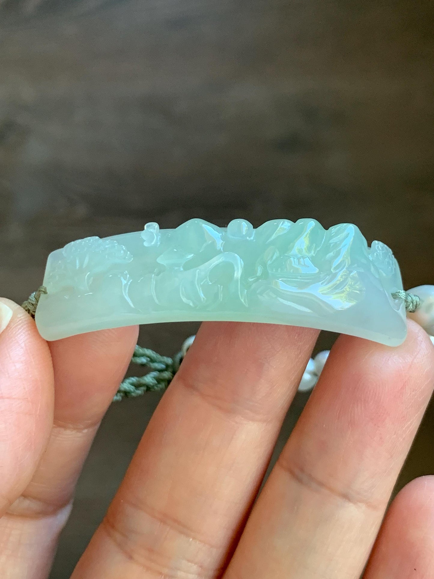 Natural Burmese Icy Translucent Light Green Jadeite Carved Shan Shui Landscape Cuff Freshwater Pearls Rope Bracelet 12g 天然缅甸糯冰晴色翡翠山水牌珍珠手绳