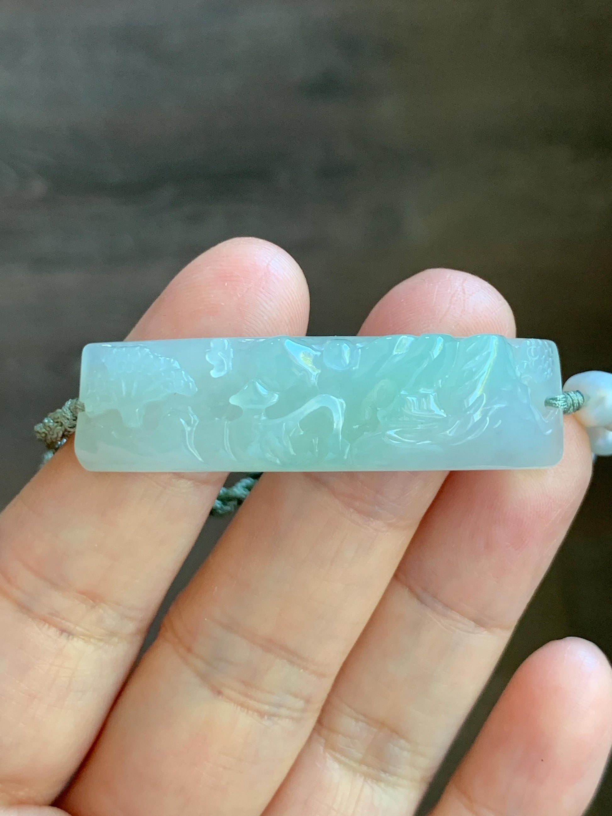 Natural Burmese Icy Translucent Light Green Jadeite Carved Shan Shui Landscape Cuff Freshwater Pearls Rope Bracelet 12g 天然缅甸糯冰晴色翡翠山水牌珍珠手绳