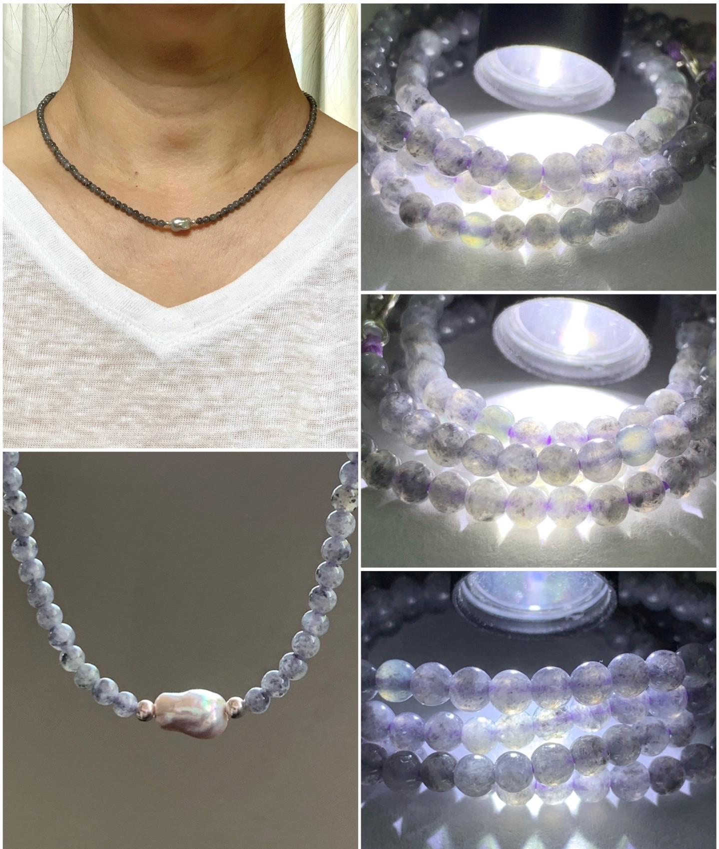 Natural Burmese Icy Translucent White Wuji Jadeite Genuine Baroque Pearl Sterling Silver Beaded Necklace 17”-18” 9g 天然缅甸冰胶浅乌鸡翡翠小珠海水巴洛克珍珠项链