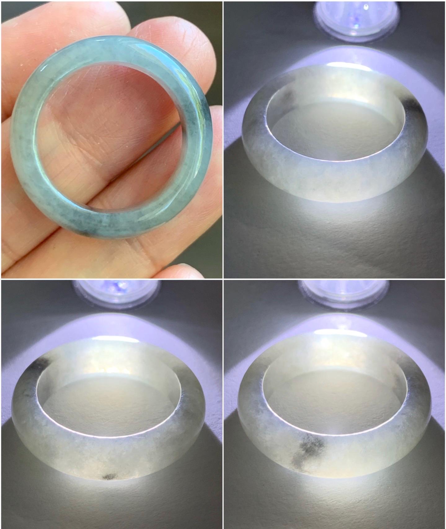 Natural Burmese Icy Translucent Gelatinous Light Gray Wuji Marbled Jadeite Band Ring Size 9.75 5g 天然缅甸冰胶淡乌鸡翡翠戒圈 DWJ529