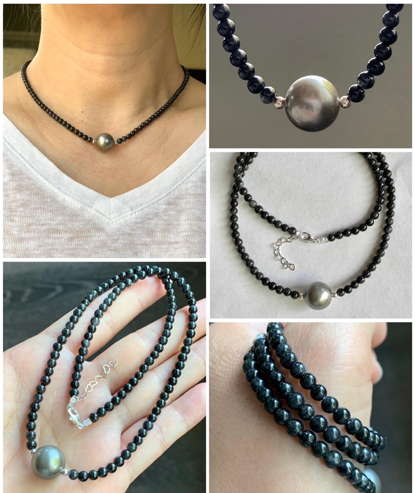 Natural Burmese Icy Translucent Wuji Jadeite Genuine Silver Tahitian Pearl Sterling Silver Beaded Necklace 17”-18.25” 14g 天然缅甸冰胶乌鸡翡翠珠大溪地珍珠项链