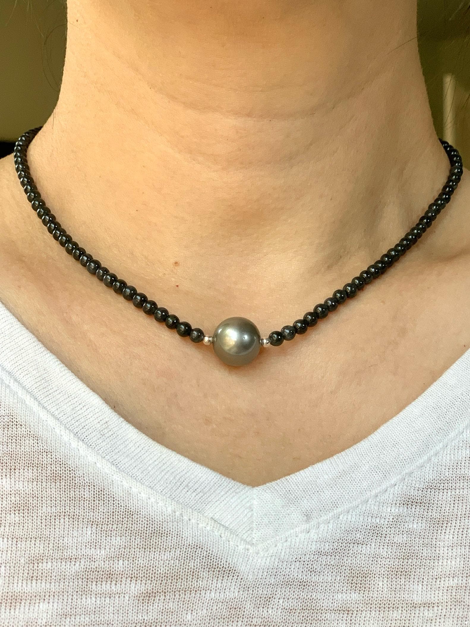 Natural Burmese Icy Translucent Wuji Jadeite Genuine Silver Tahitian Pearl Sterling Silver Beaded Necklace 17”-18.25” 14g 天然缅甸冰胶乌鸡翡翠珠大溪地珍珠项链