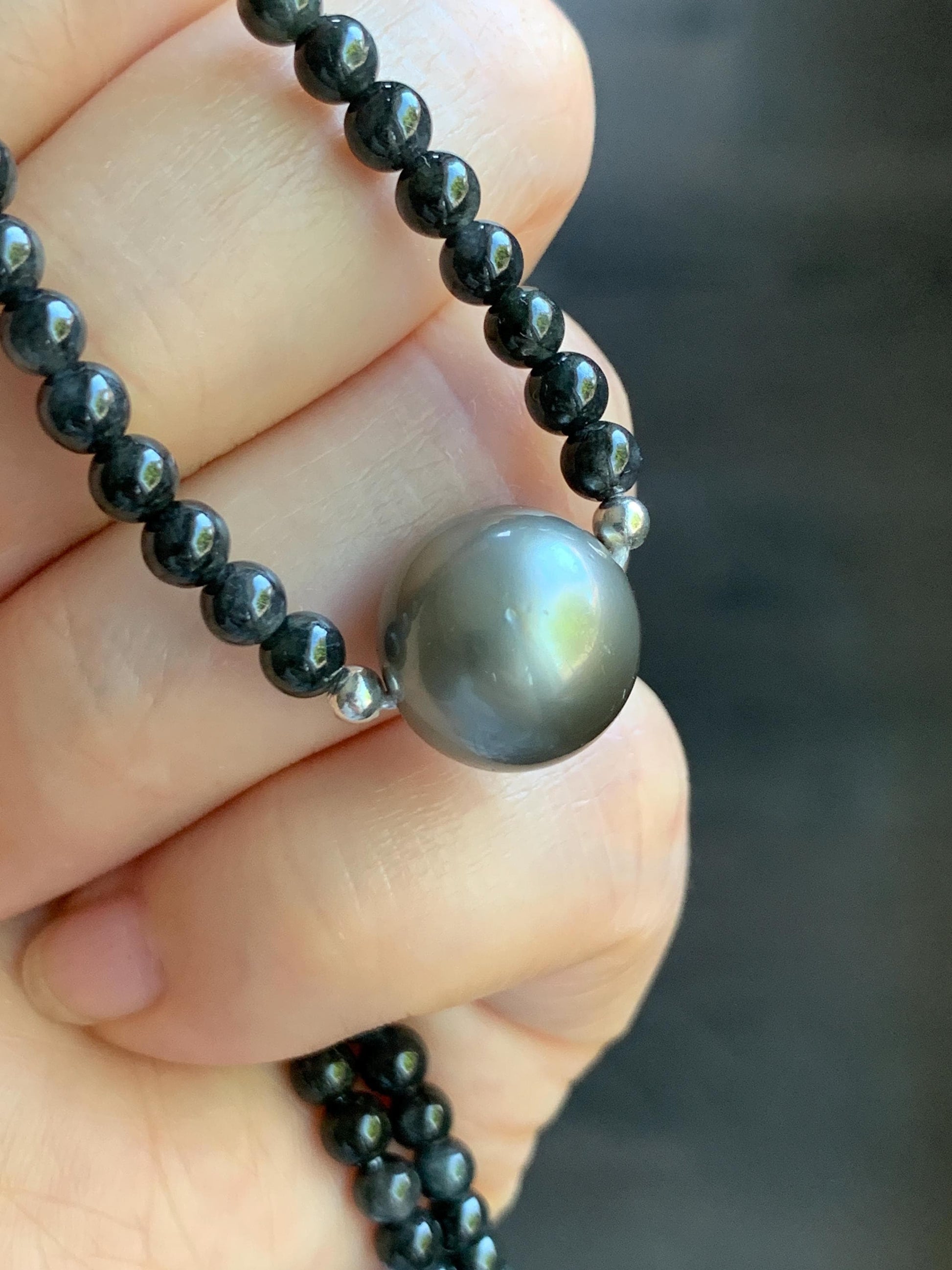 Natural Burmese Icy Translucent Wuji Jadeite Genuine Silver Tahitian Pearl Sterling Silver Beaded Necklace 17”-18.25” 14g 天然缅甸冰胶乌鸡翡翠珠大溪地珍珠项链