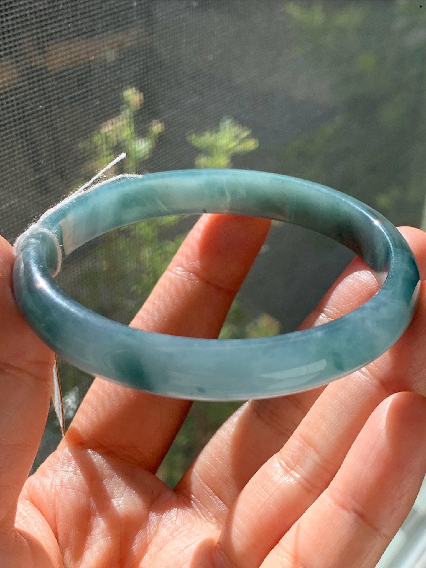 Certified Natural Guatemalan Icy Translucent Dusty Teal Blue Jadeite Bangle Bracelet 59.5 mm 7.35” 32.16g 天然冰危蓝水飘花翡翠正圈手镯 6903