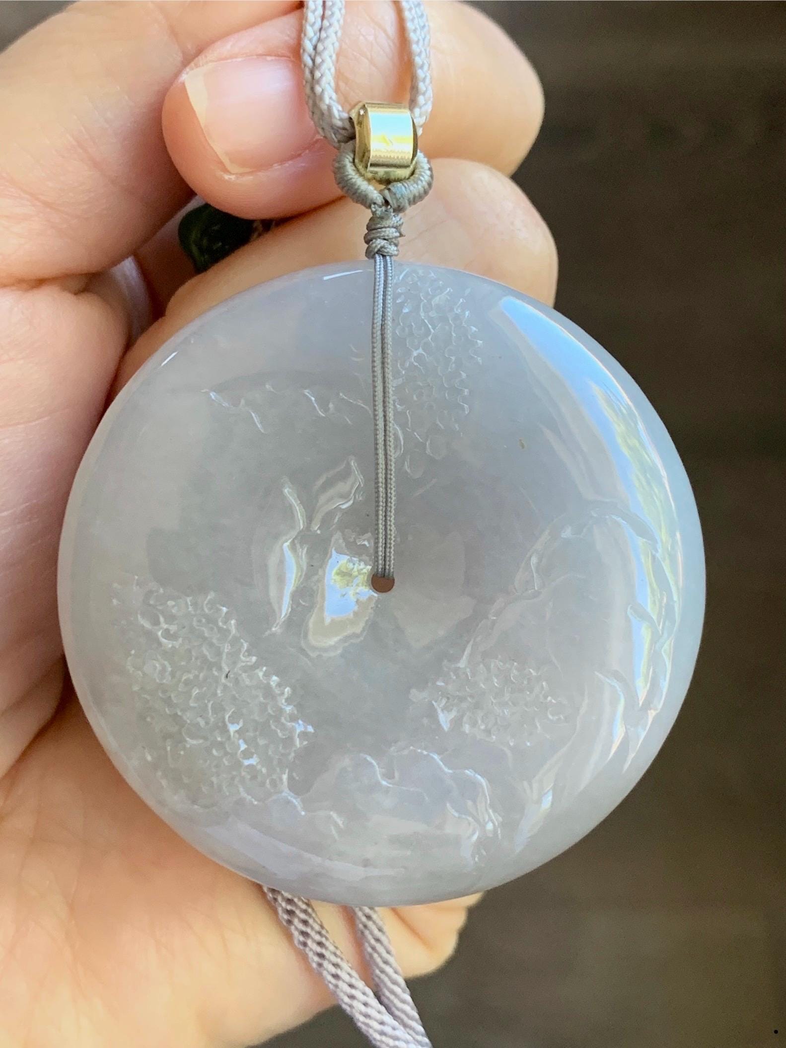 Certified Natural Burmese Icy Light Purple Jadeite Engraved Shan Shui Ping An Kou Donut Pendant Rope Necklace 28” 天然缅甸冰淡紫翡翠山水平安扣吊坠项链 6934