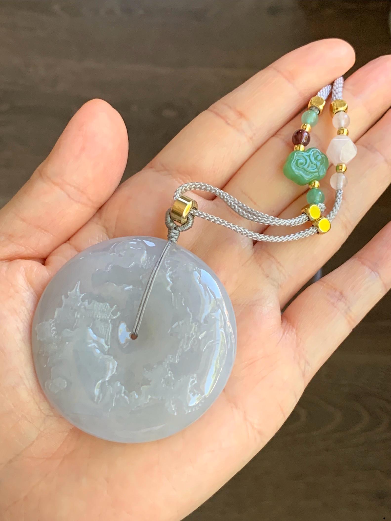 Certified Natural Burmese Icy Light Purple Jadeite Engraved Shan Shui Ping An Kou Donut Pendant Rope Necklace 28” 天然缅甸冰淡紫翡翠山水平安扣吊坠项链 6933