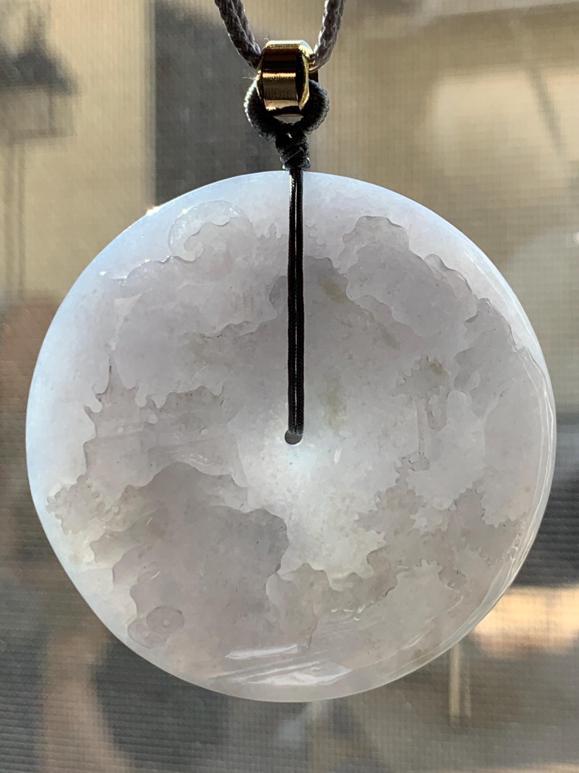 Certified Natural Burmese Icy Light Purple Jadeite Engraved Shan Shui Ping An Kou Donut Pendant Rope Necklace 28” 天然缅甸冰淡紫翡翠山水平安扣吊坠项链 6933