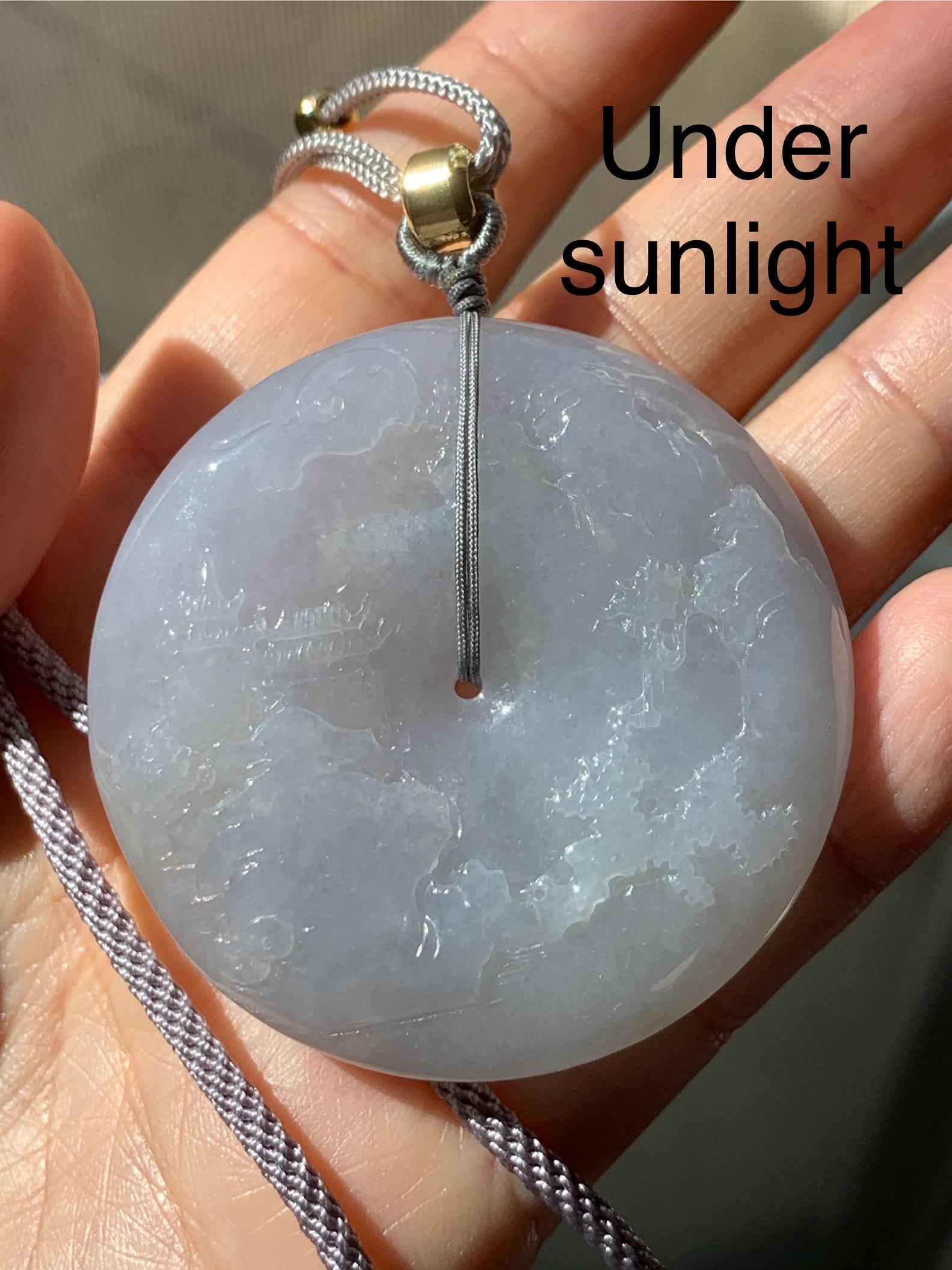 Certified Natural Burmese Icy Light Purple Jadeite Engraved Shan Shui Ping An Kou Donut Pendant Rope Necklace 28” 天然缅甸冰淡紫翡翠山水平安扣吊坠项链 6933