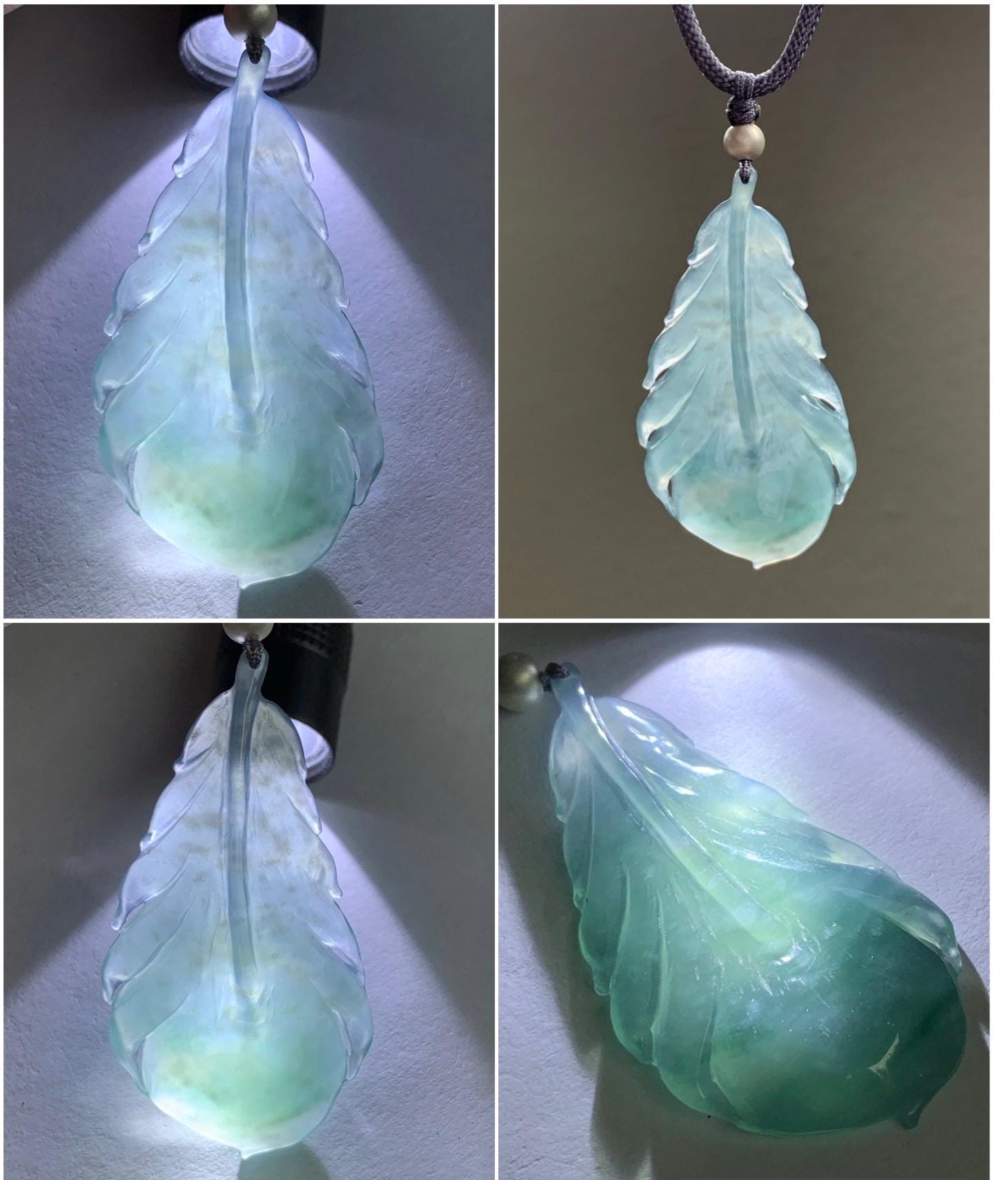 Natural Guatemalan Icy Highly Translucent Gelatinous Teal Blue Jadeite Carved Feather Pendant Rope Necklace 25" Sterling Silver 天然冰胶危蓝翡翠羽毛吊坠