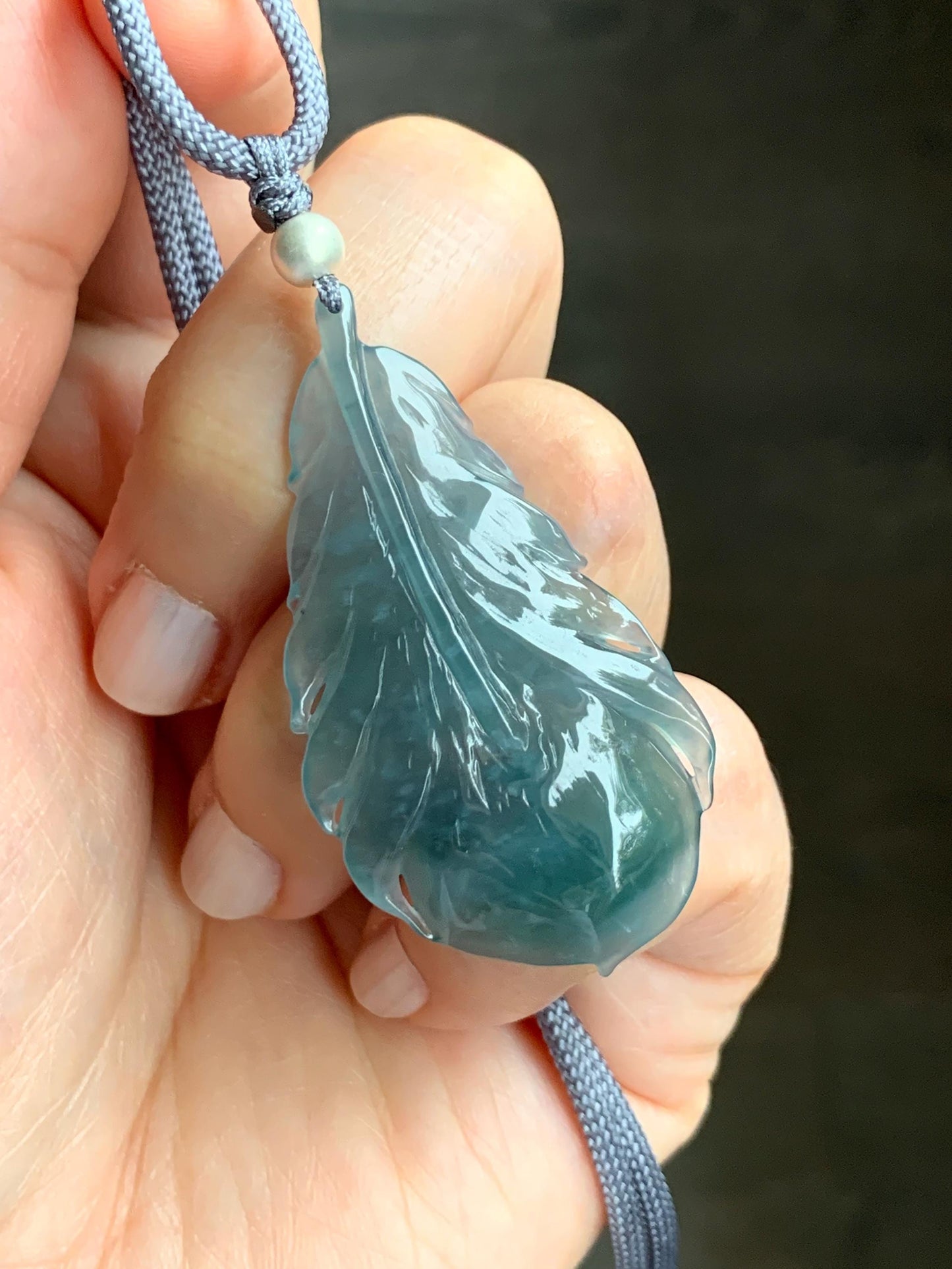 Natural Guatemalan Icy Highly Translucent Gelatinous Teal Blue Jadeite Carved Feather Pendant Rope Necklace 25" Sterling Silver 天然冰胶危蓝翡翠羽毛吊坠