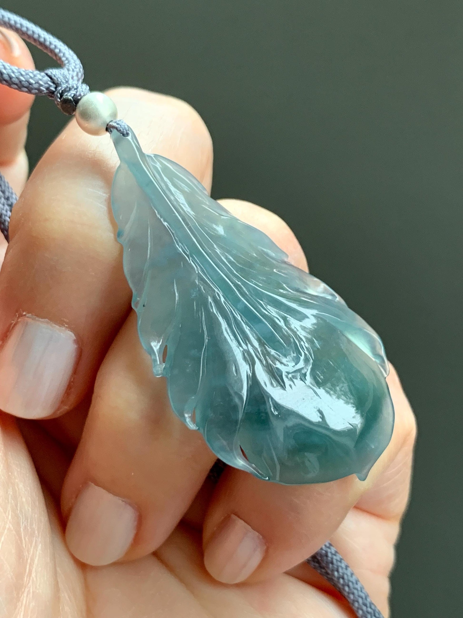 Natural Guatemalan Icy Highly Translucent Gelatinous Teal Blue Jadeite Carved Feather Pendant Rope Necklace 25" Sterling Silver 天然冰胶危蓝翡翠羽毛吊坠