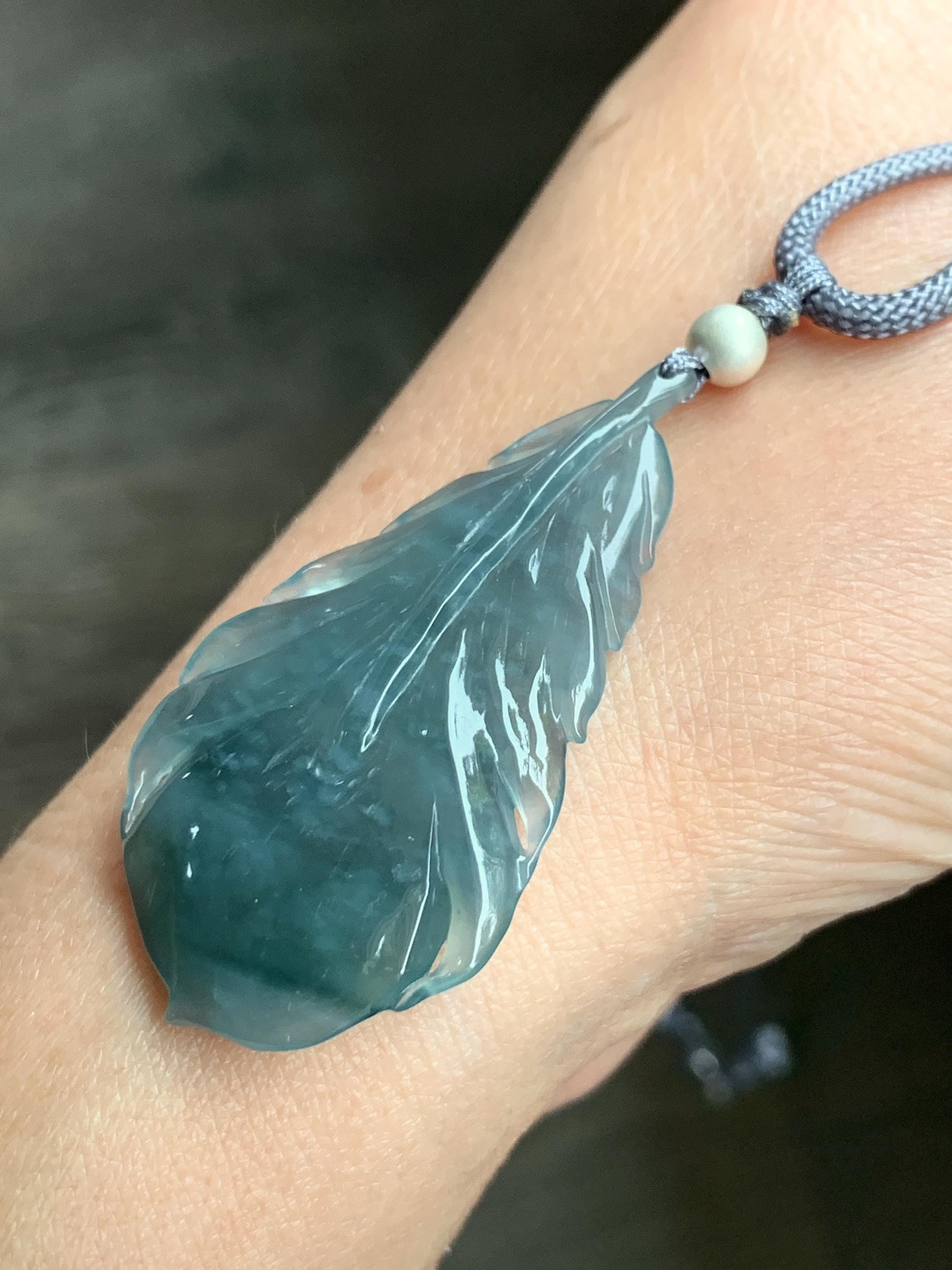 Natural Guatemalan Icy Highly Translucent Gelatinous Teal Blue Jadeite Carved Feather Pendant Rope Necklace 25" Sterling Silver 天然冰胶危蓝翡翠羽毛吊坠