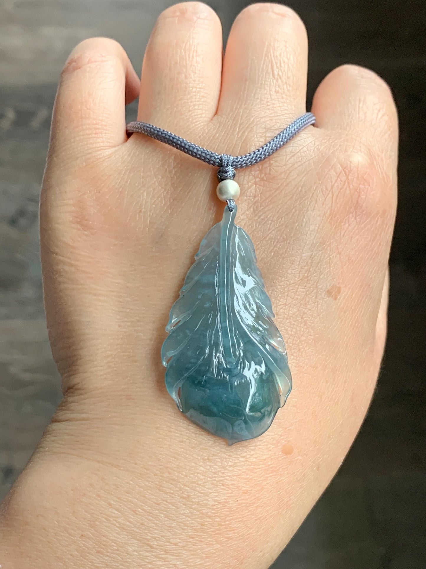 Natural Guatemalan Icy Highly Translucent Gelatinous Teal Blue Jadeite Carved Feather Pendant Rope Necklace 25" Sterling Silver 天然冰胶危蓝翡翠羽毛吊坠